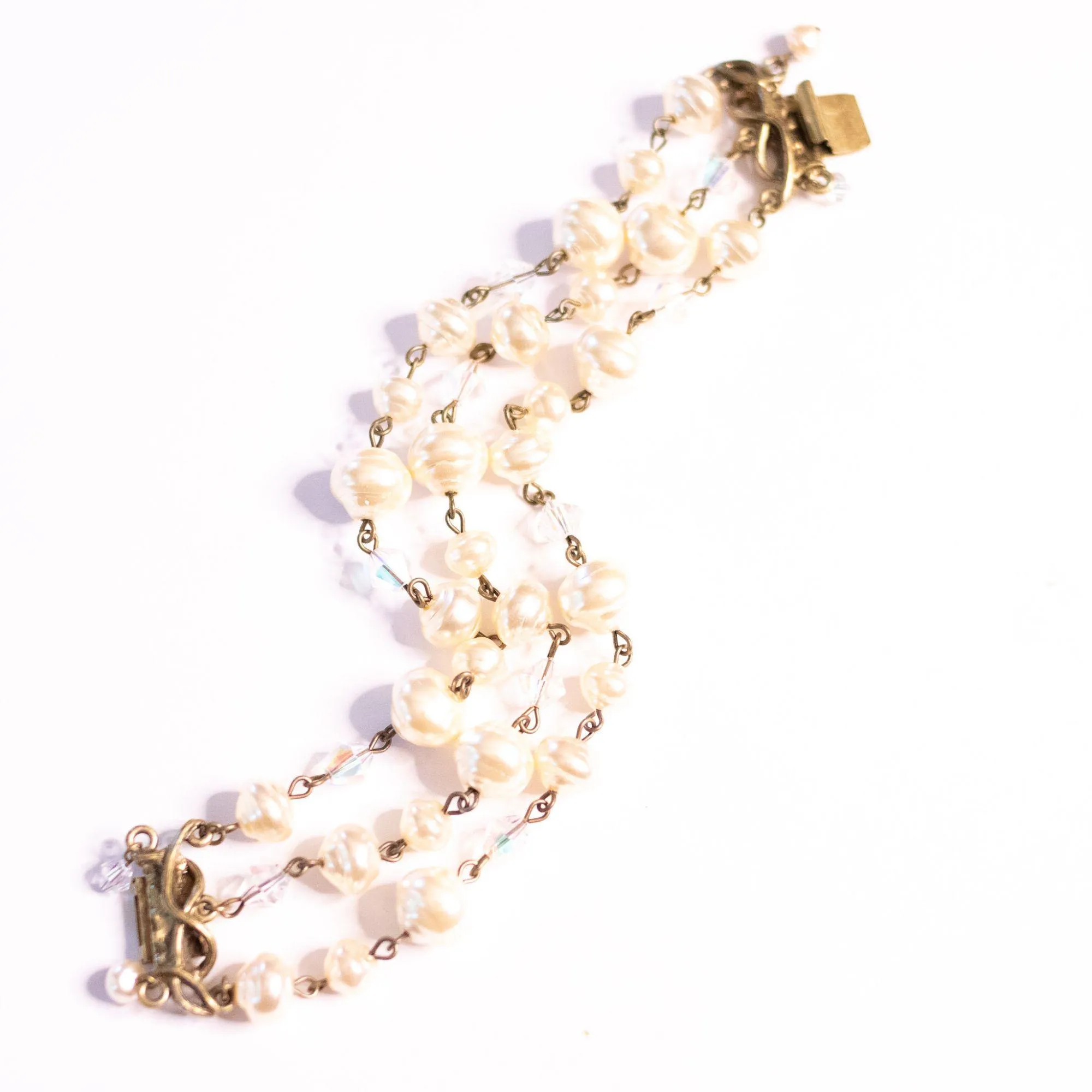 Vintage Sweet Romance Pearl and Crystal Triple Strand Bracelet