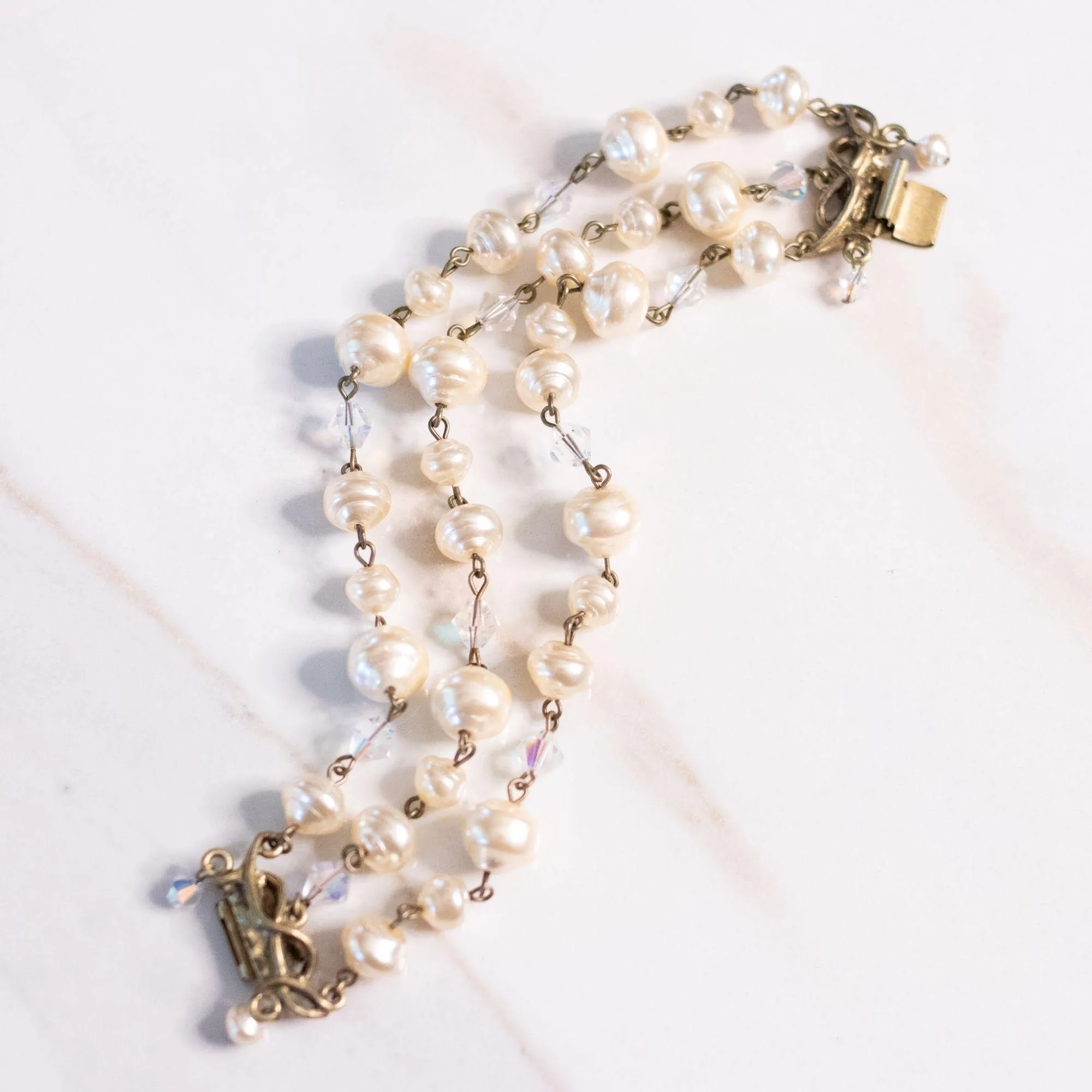 Vintage Sweet Romance Pearl and Crystal Triple Strand Bracelet