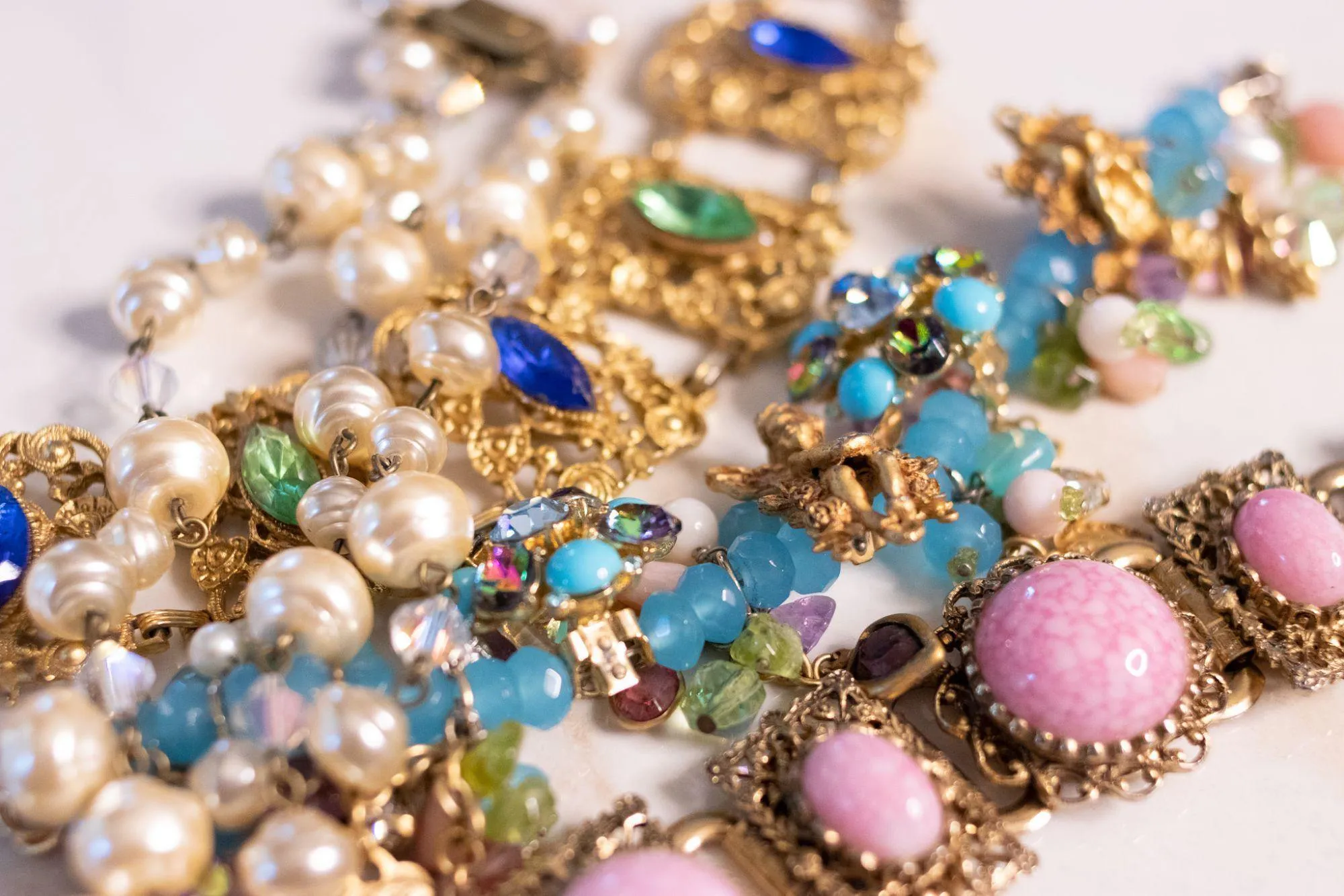 Vintage Sweet Romance Pearl and Crystal Triple Strand Bracelet