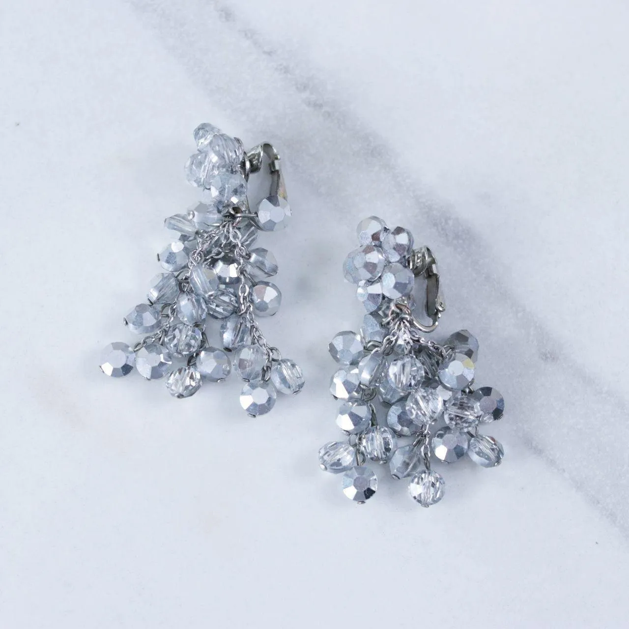 Vintage Vogue Bijoux Mirrored Silver Dangling Cluster Bead Statement Earrings