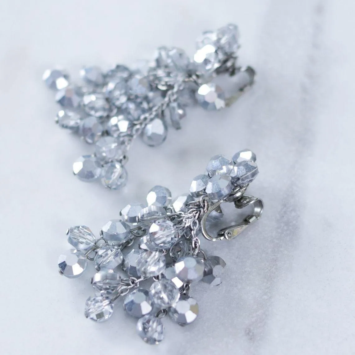 Vintage Vogue Bijoux Mirrored Silver Dangling Cluster Bead Statement Earrings