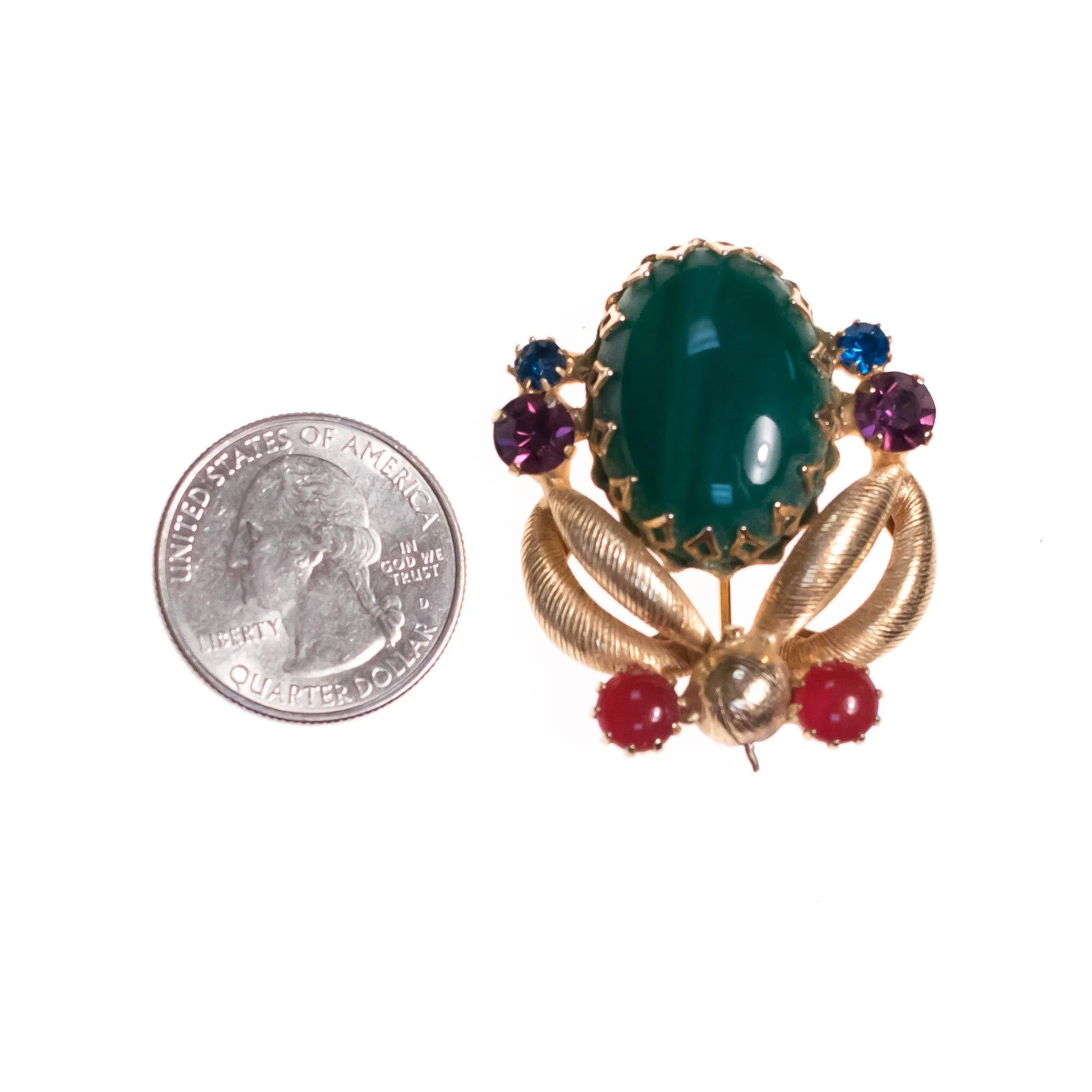Vintage West Germany Jade Green Carnelian, Blue and Purple Rhinestone Brooch