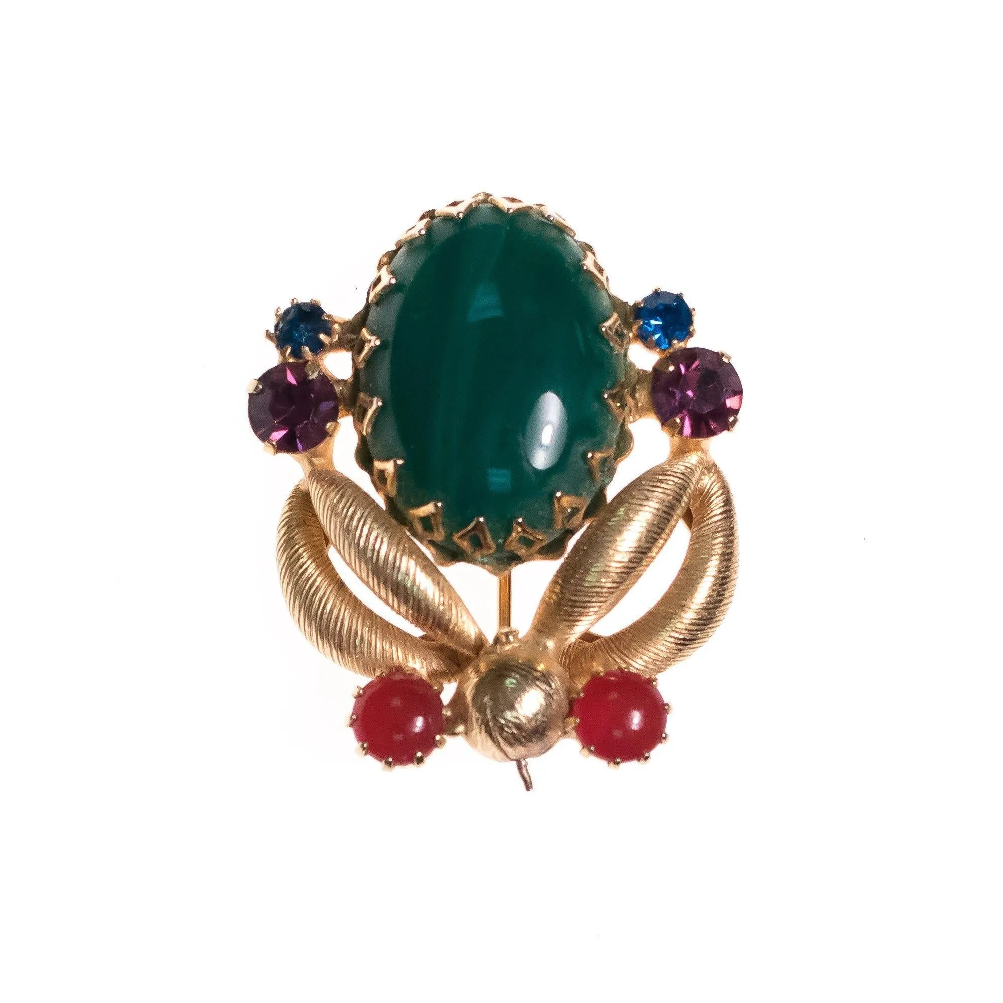 Vintage West Germany Jade Green Carnelian, Blue and Purple Rhinestone Brooch