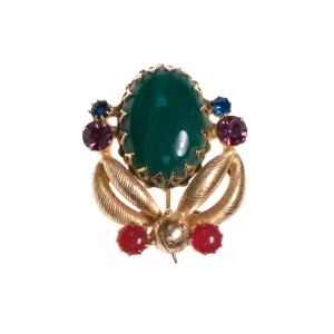 Vintage West Germany Jade Green Carnelian, Blue and Purple Rhinestone Brooch