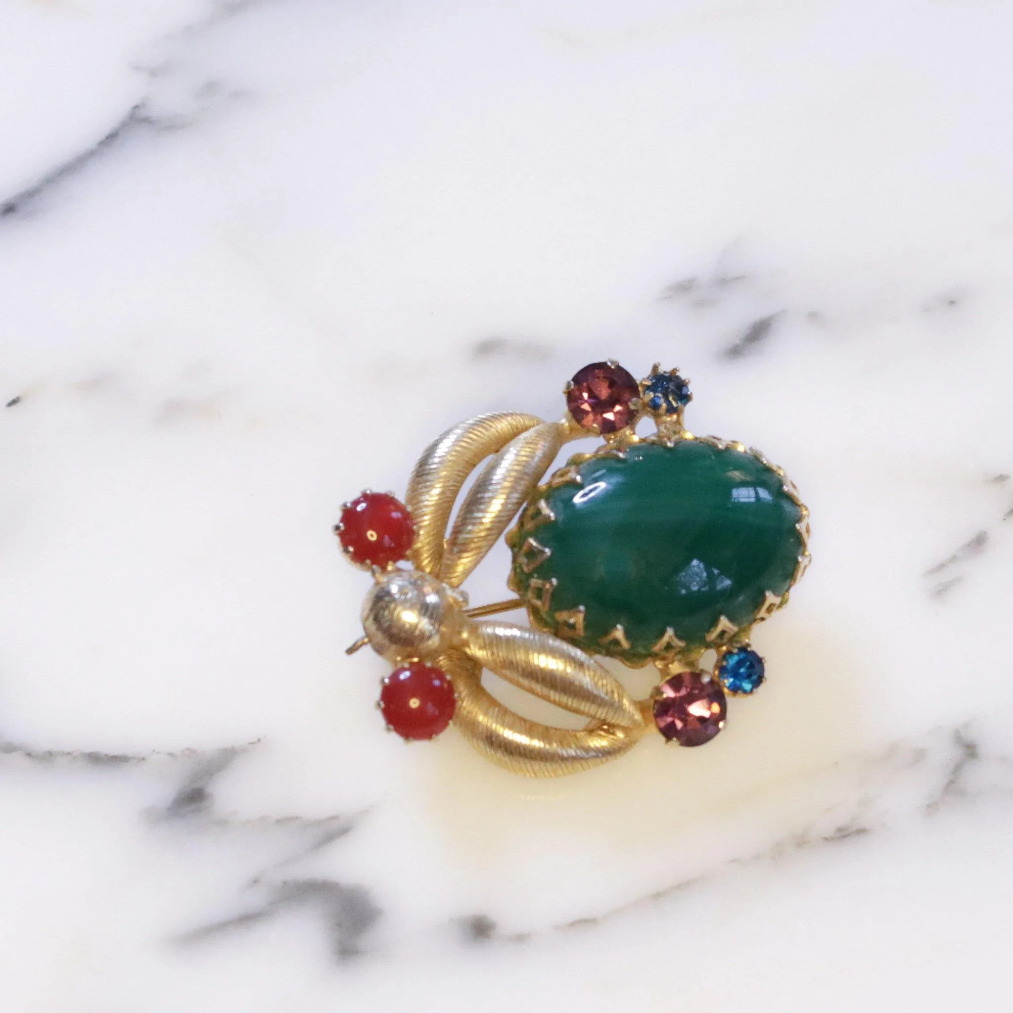 Vintage West Germany Jade Green Carnelian, Blue and Purple Rhinestone Brooch