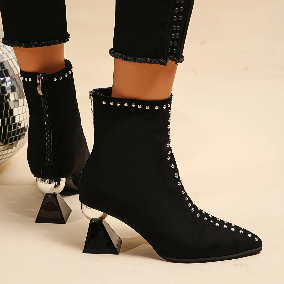 VougeVamp Women's Black Ankle Boots – Chunky Heel Pointed Toe Booties with Studded Detail & Side Zipper