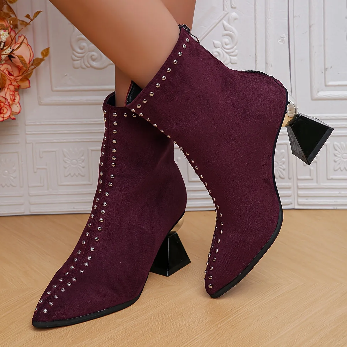 VougeVamp Women's Black Ankle Boots – Chunky Heel Pointed Toe Booties with Studded Detail & Side Zipper