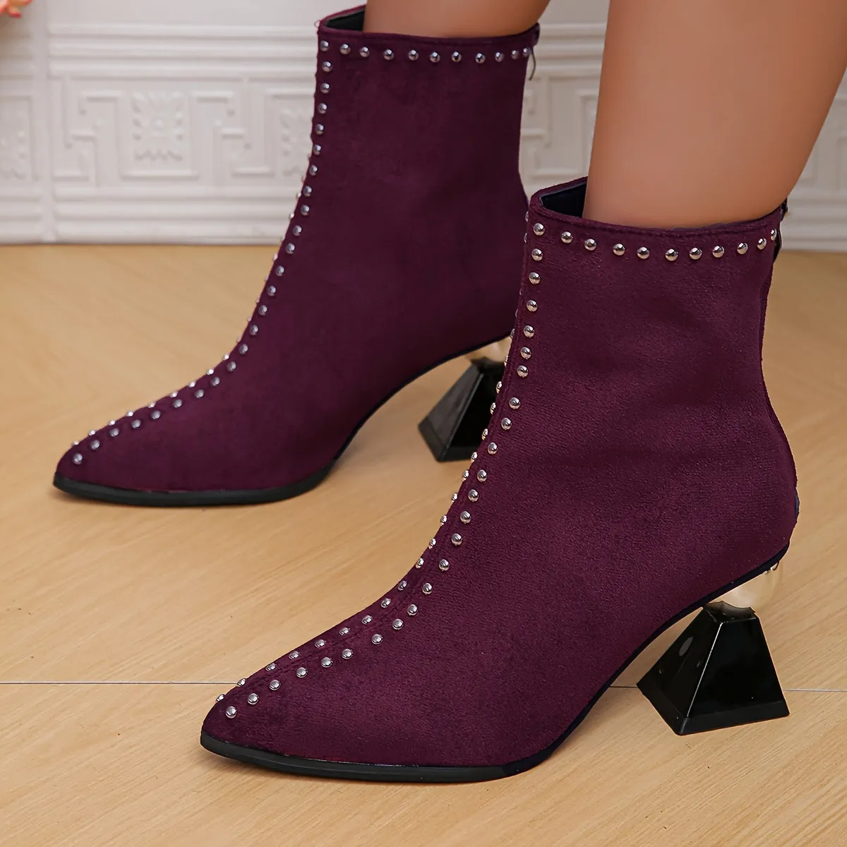 VougeVamp Women's Black Ankle Boots – Chunky Heel Pointed Toe Booties with Studded Detail & Side Zipper