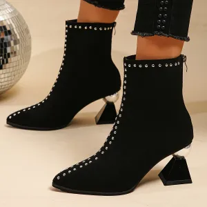 VougeVamp Women's Black Ankle Boots – Chunky Heel Pointed Toe Booties with Studded Detail & Side Zipper