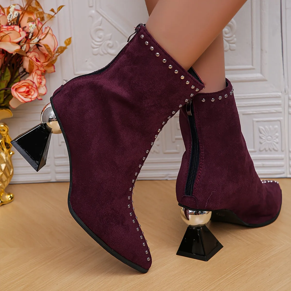 VougeVamp Women's Black Ankle Boots – Chunky Heel Pointed Toe Booties with Studded Detail & Side Zipper
