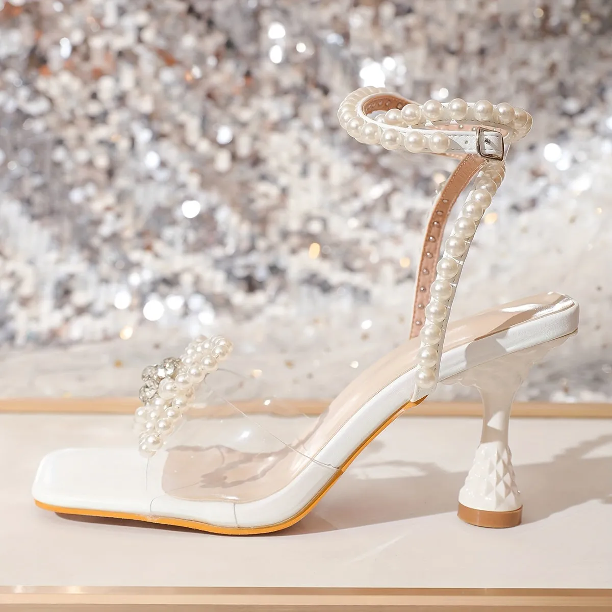 VougeVamp Women's White High Heel Sandals – Elegant Pearl Accent Stilettos with Square Toe & Flared Heel