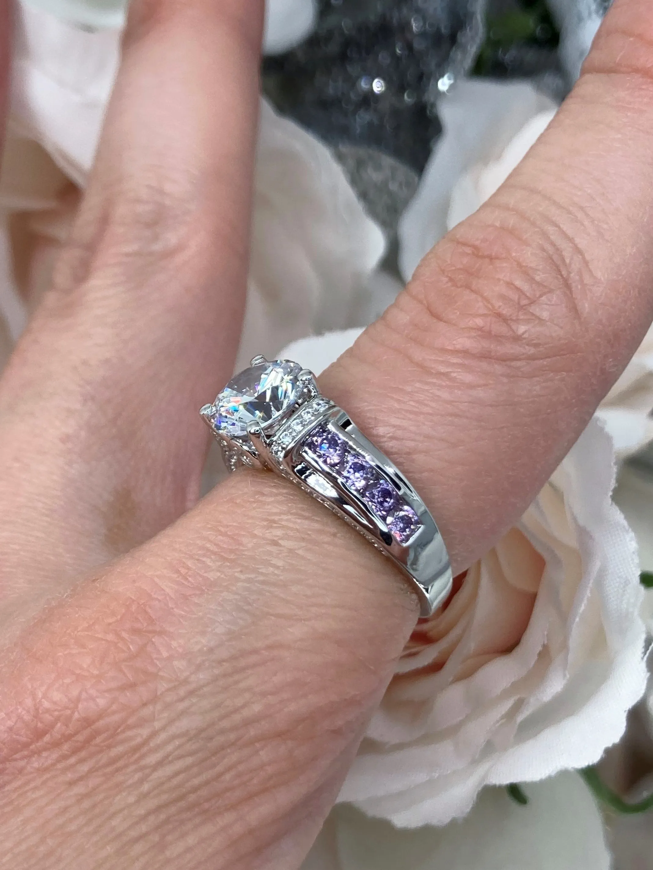 White CZ Ring, faux Diamond and Purple Amethyst Inlay Gems, Art Deco Jewelry #D220