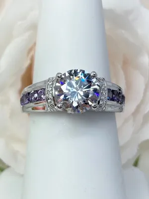 White CZ Ring, faux Diamond and Purple Amethyst Inlay Gems, Art Deco Jewelry #D220