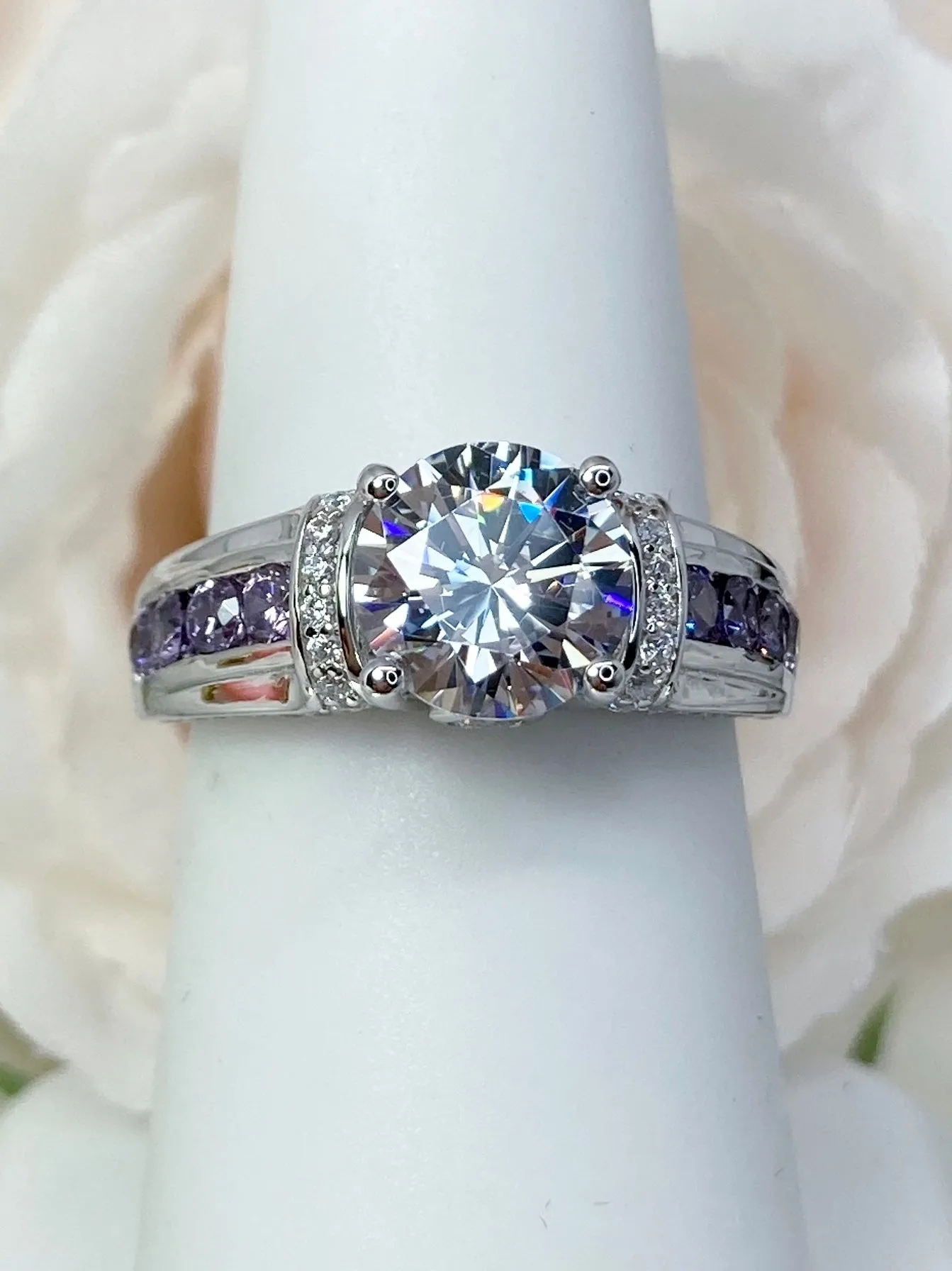 White CZ Ring, faux Diamond and Purple Amethyst Inlay Gems, Art Deco Jewelry #D220