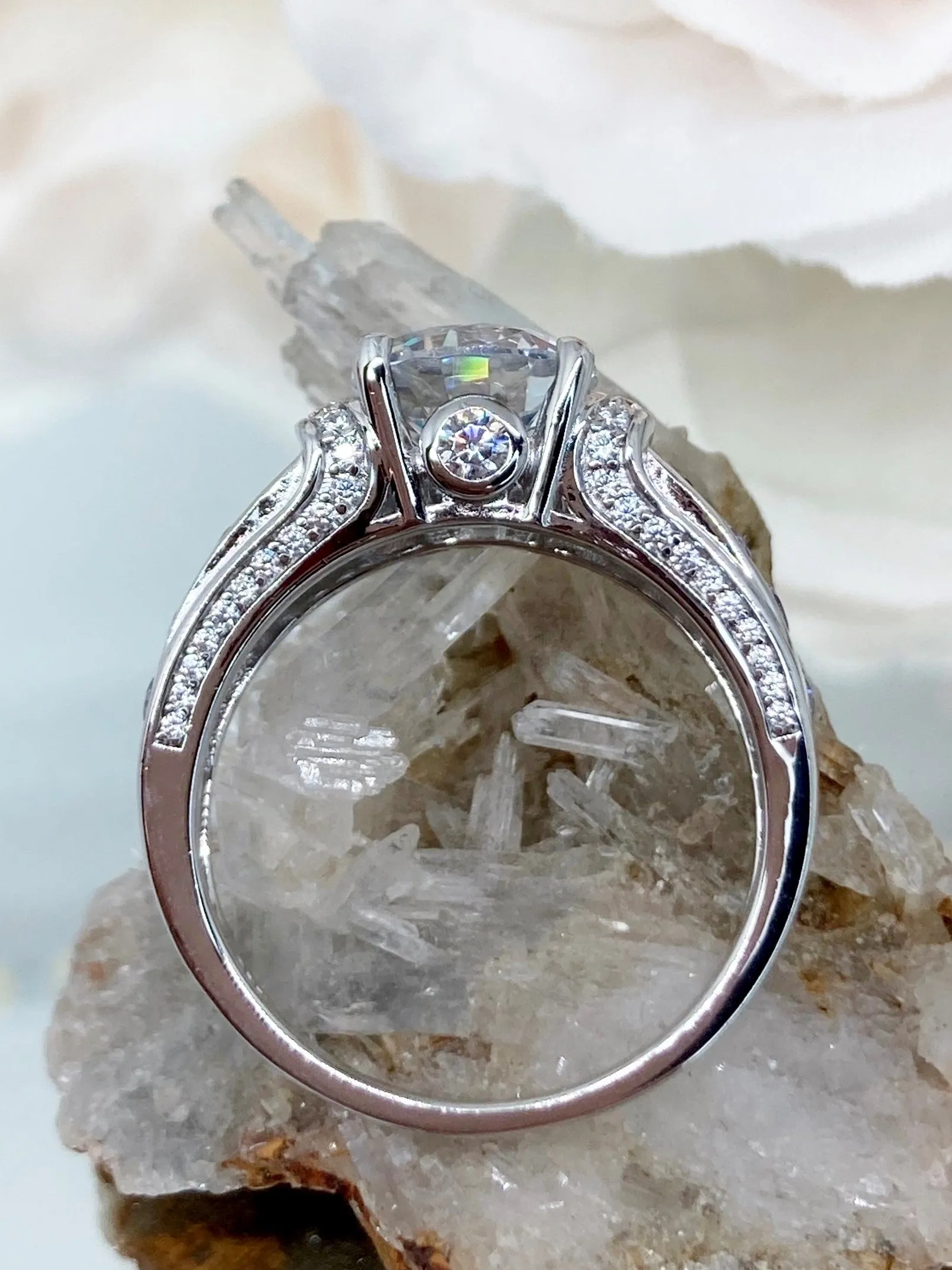 White CZ Ring, faux Diamond and Purple Amethyst Inlay Gems, Art Deco Jewelry #D220