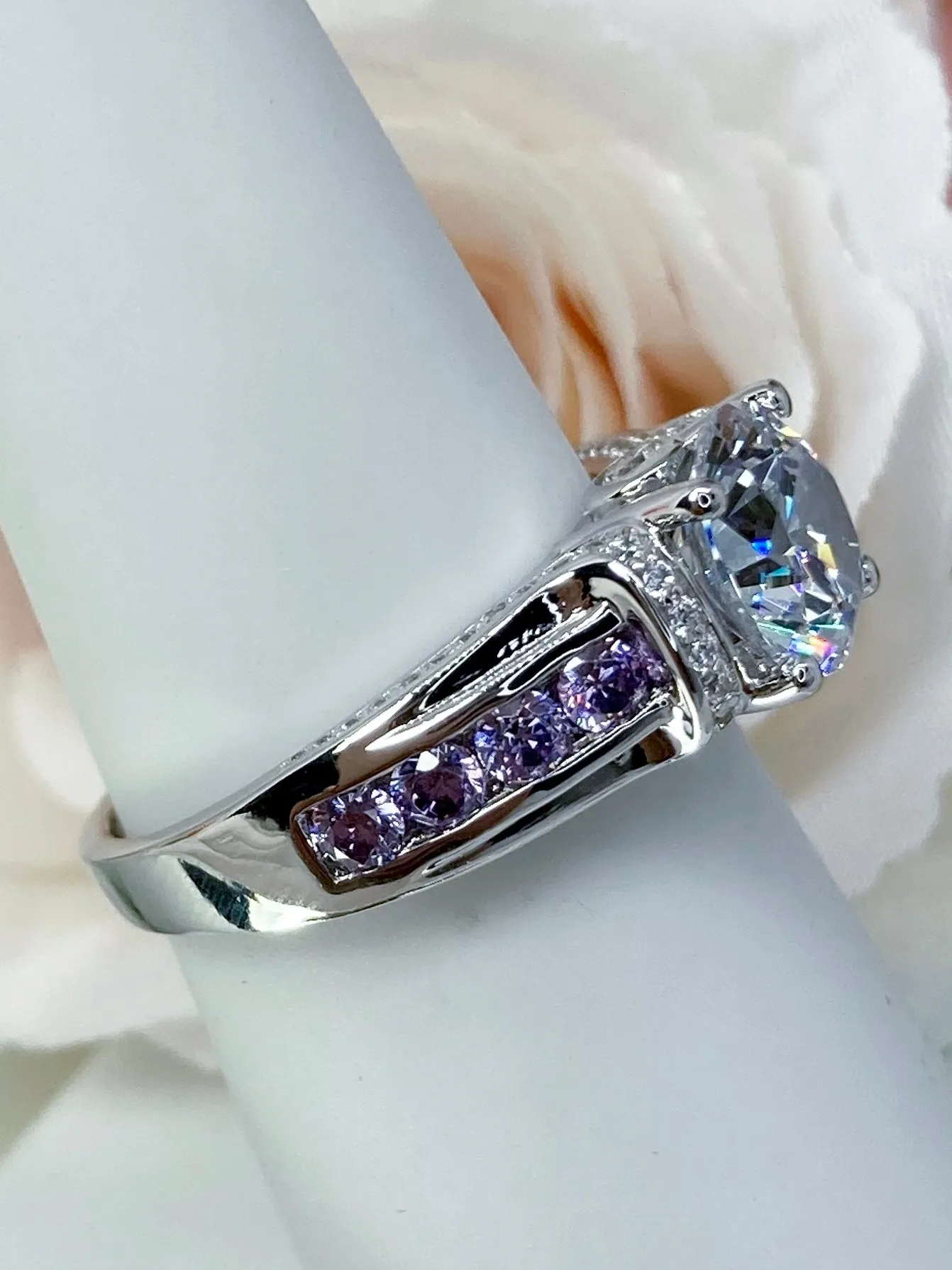 White CZ Ring, faux Diamond and Purple Amethyst Inlay Gems, Art Deco Jewelry #D220