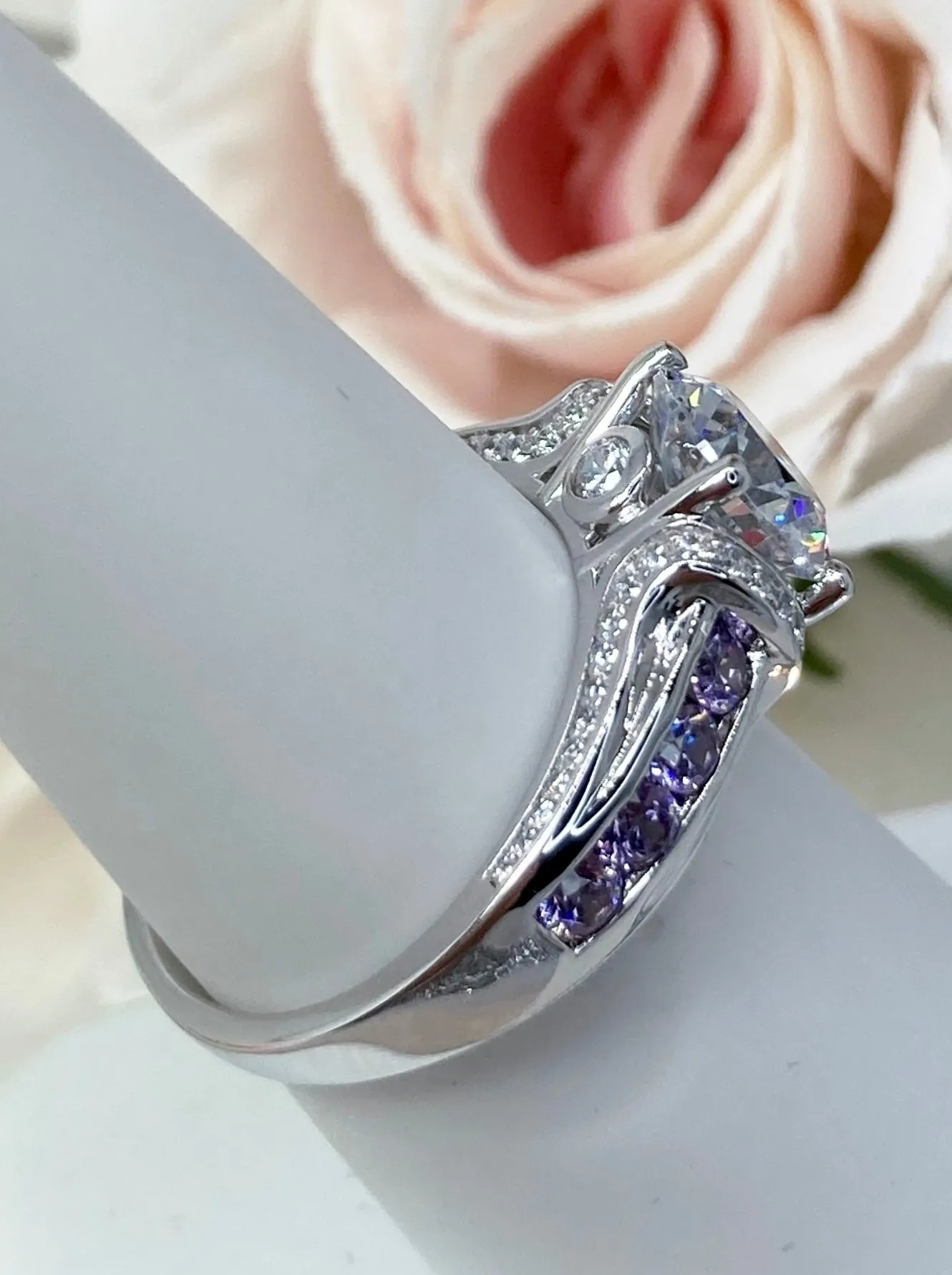 White CZ Ring, faux Diamond and Purple Amethyst Inlay Gems, Art Deco Jewelry #D220
