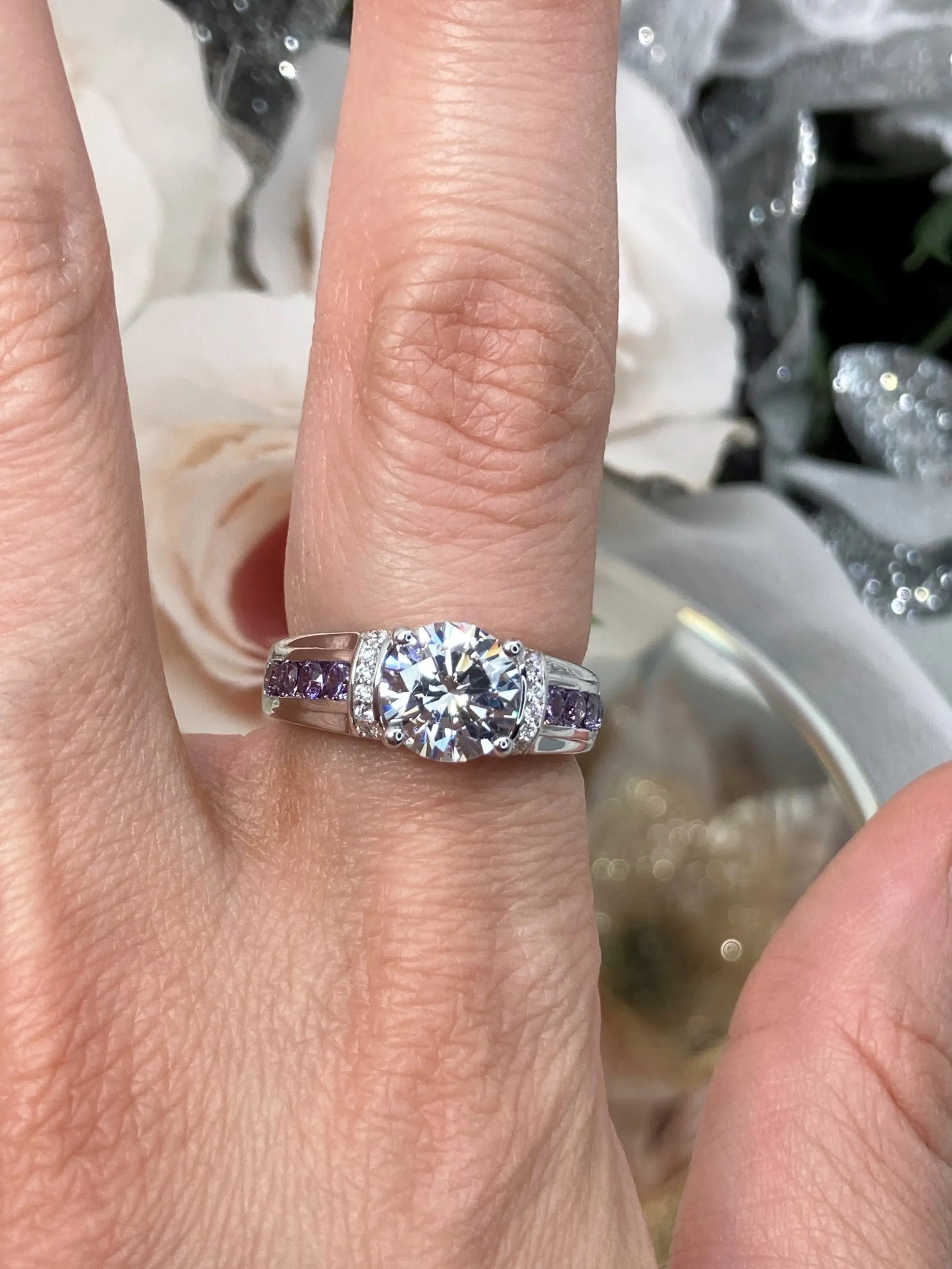 White CZ Ring, faux Diamond and Purple Amethyst Inlay Gems, Art Deco Jewelry #D220