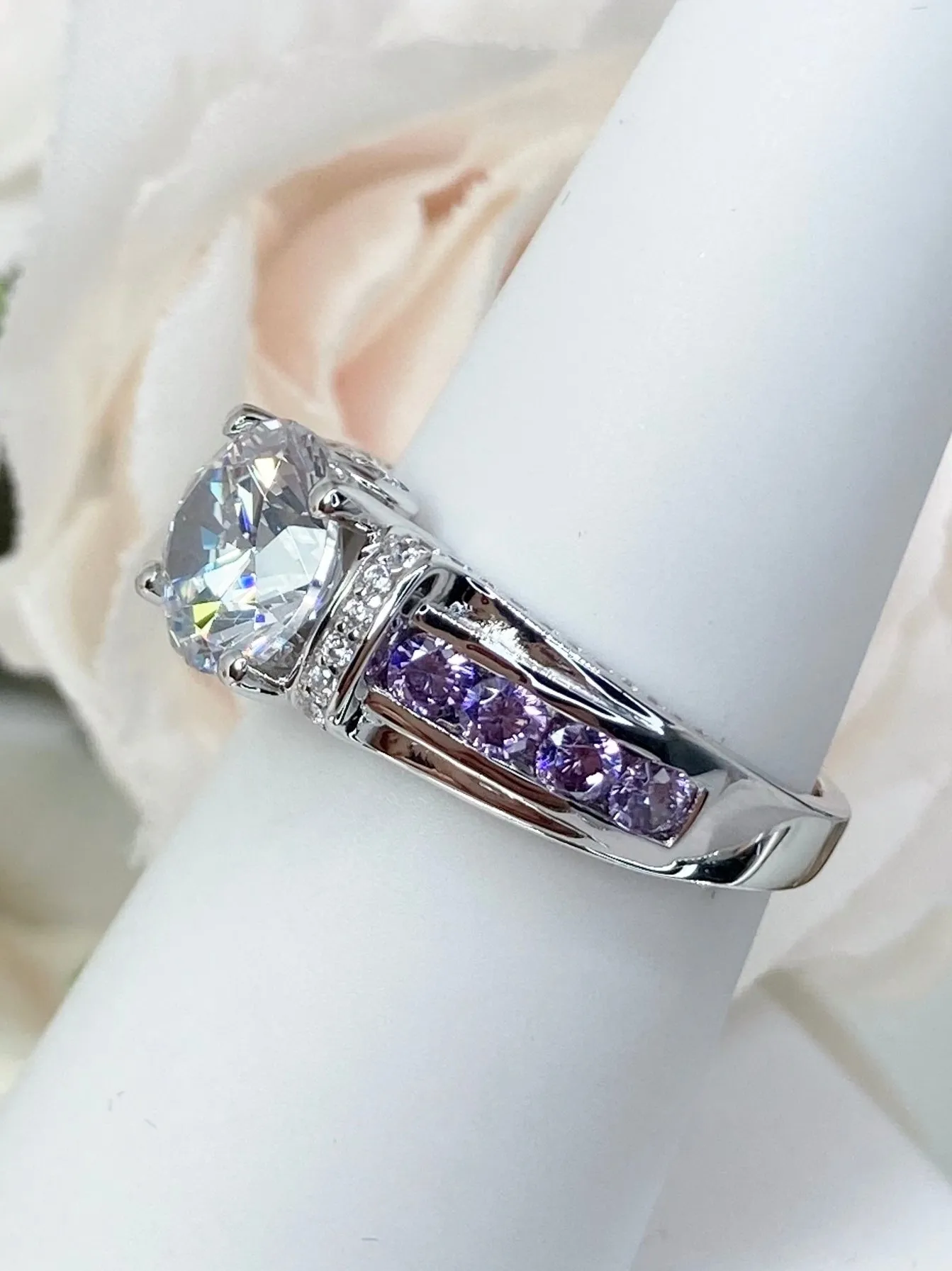 White CZ Ring, faux Diamond and Purple Amethyst Inlay Gems, Art Deco Jewelry #D220