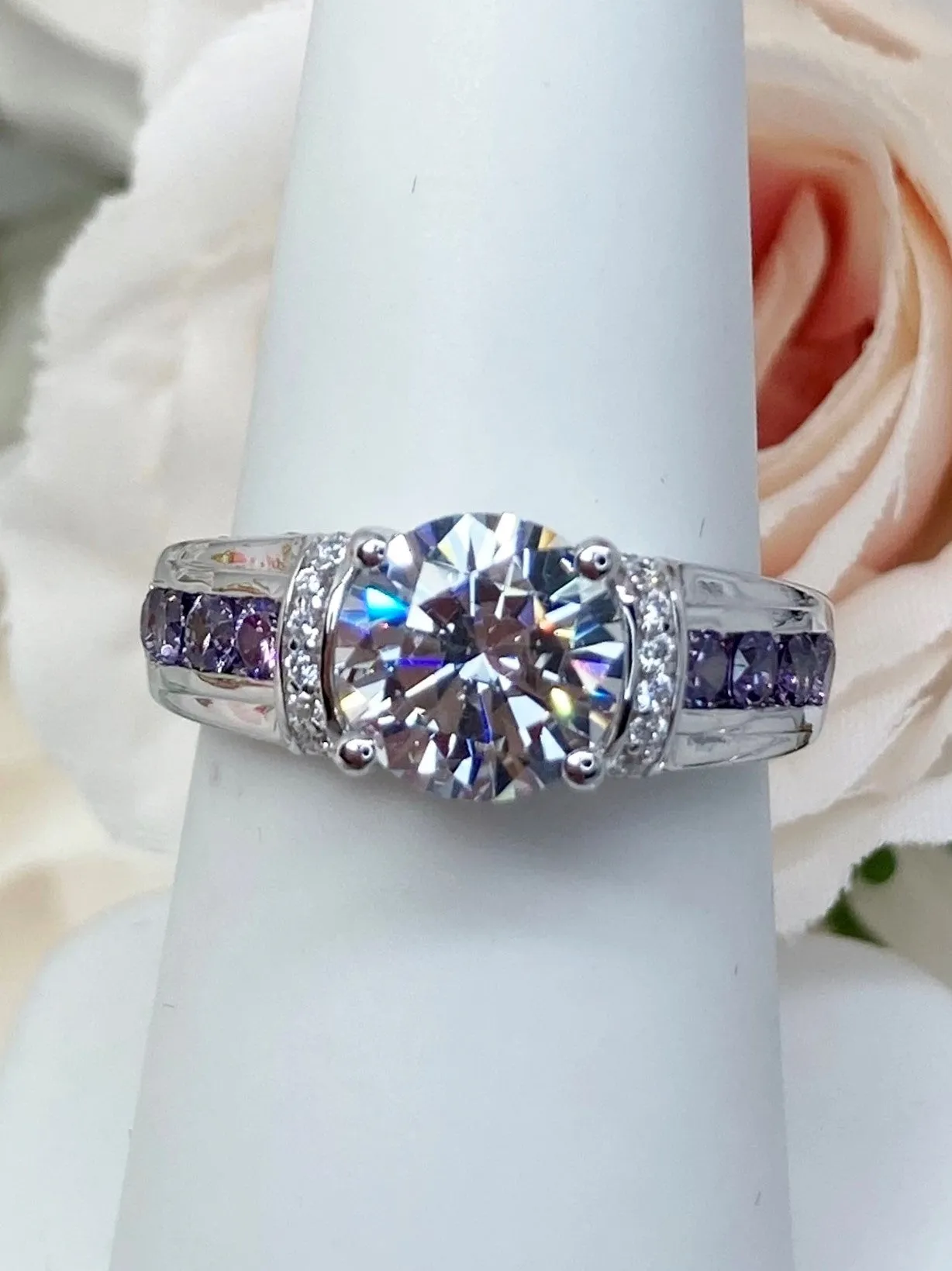 White CZ Ring, faux Diamond and Purple Amethyst Inlay Gems, Art Deco Jewelry #D220
