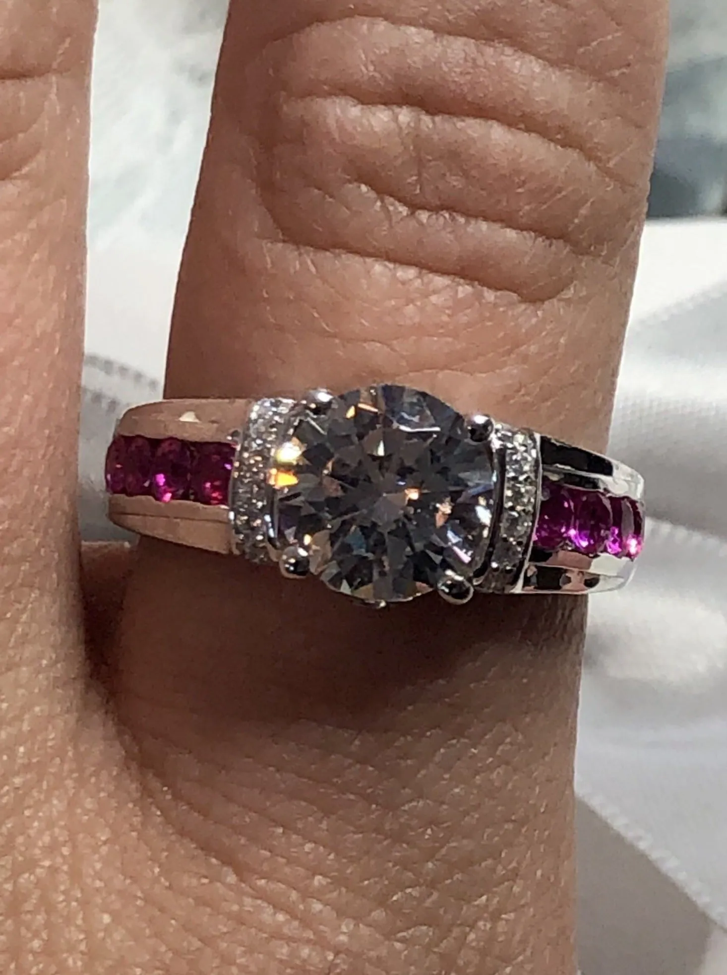 White CZ Ring, faux Diamond and Red Ruby Inlay Gems, Art Deco Jewelry #D220