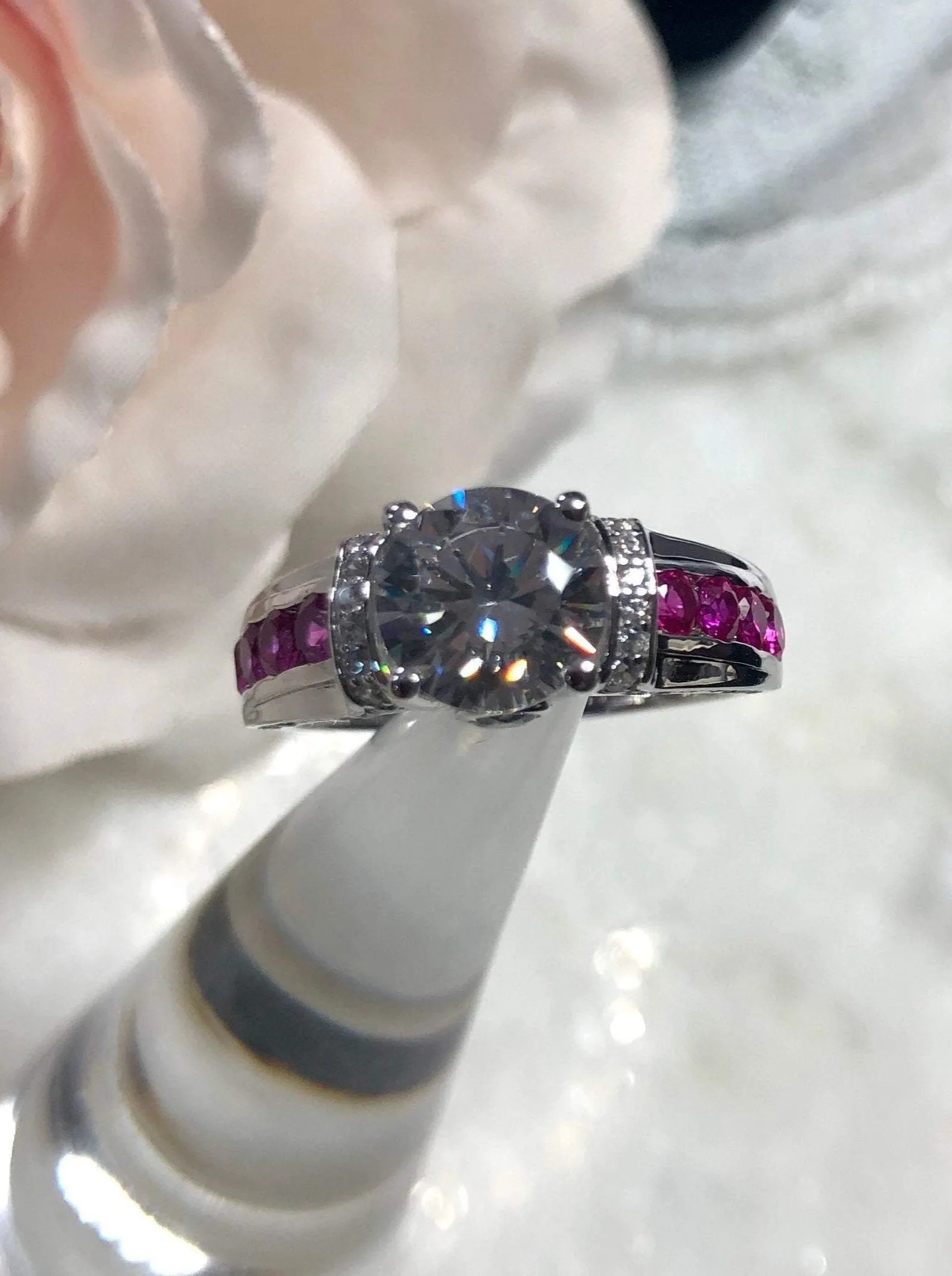 White CZ Ring, faux Diamond and Red Ruby Inlay Gems, Art Deco Jewelry #D220
