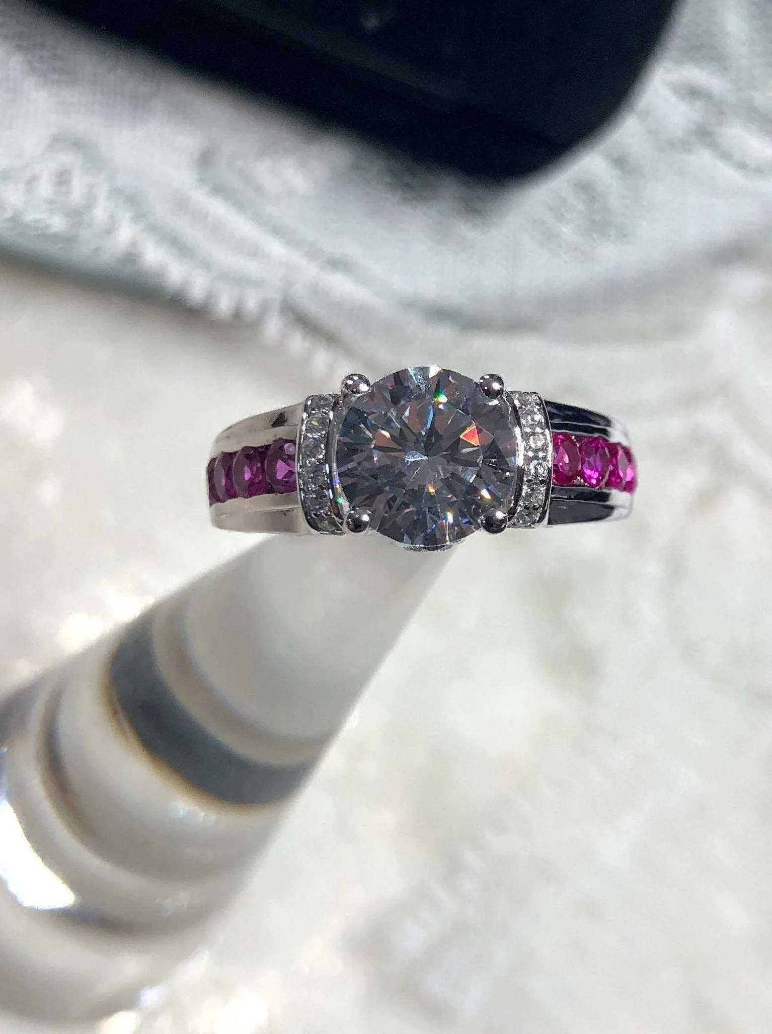White CZ Ring, faux Diamond and Red Ruby Inlay Gems, Art Deco Jewelry #D220