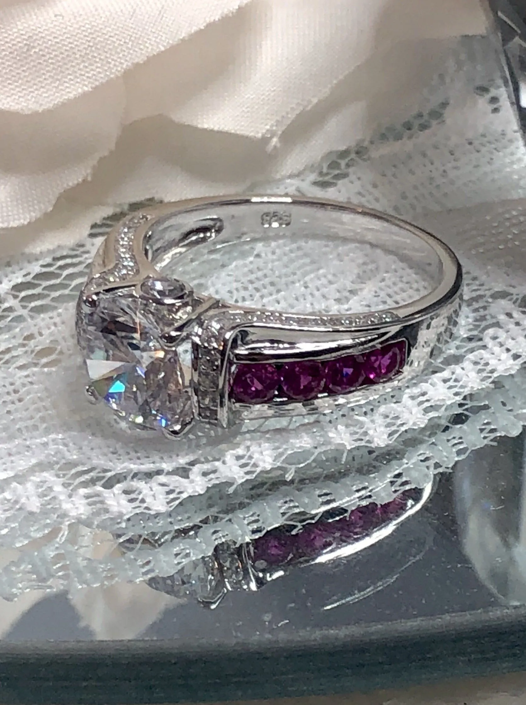 White CZ Ring, faux Diamond and Red Ruby Inlay Gems, Art Deco Jewelry #D220