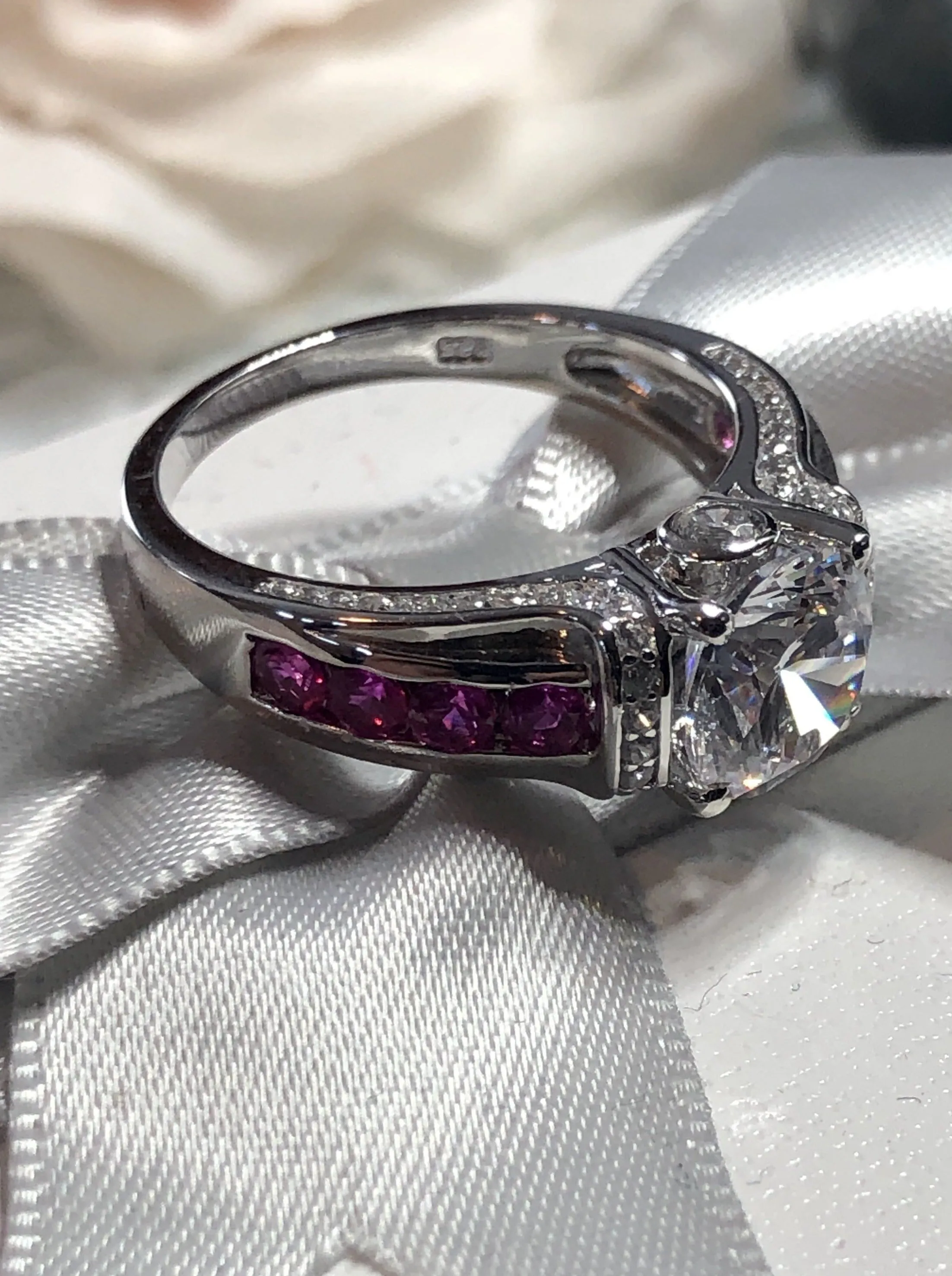 White CZ Ring, faux Diamond and Red Ruby Inlay Gems, Art Deco Jewelry #D220