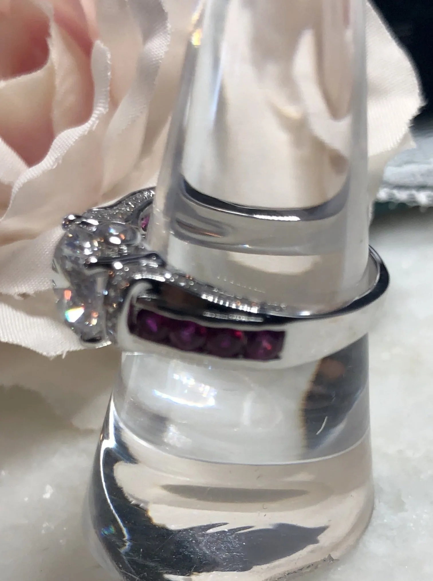 White CZ Ring, faux Diamond and Red Ruby Inlay Gems, Art Deco Jewelry #D220