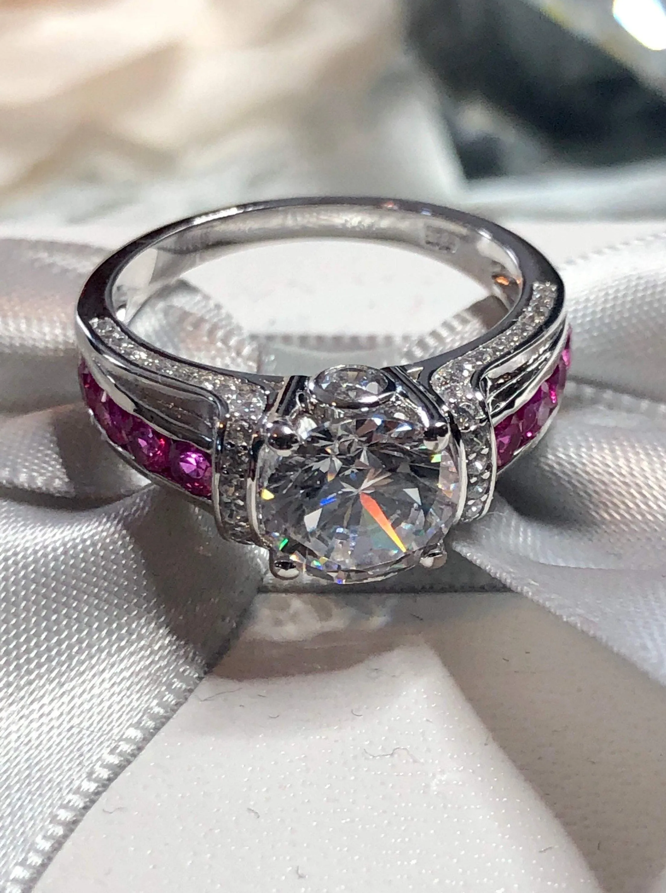 White CZ Ring, faux Diamond and Red Ruby Inlay Gems, Art Deco Jewelry #D220
