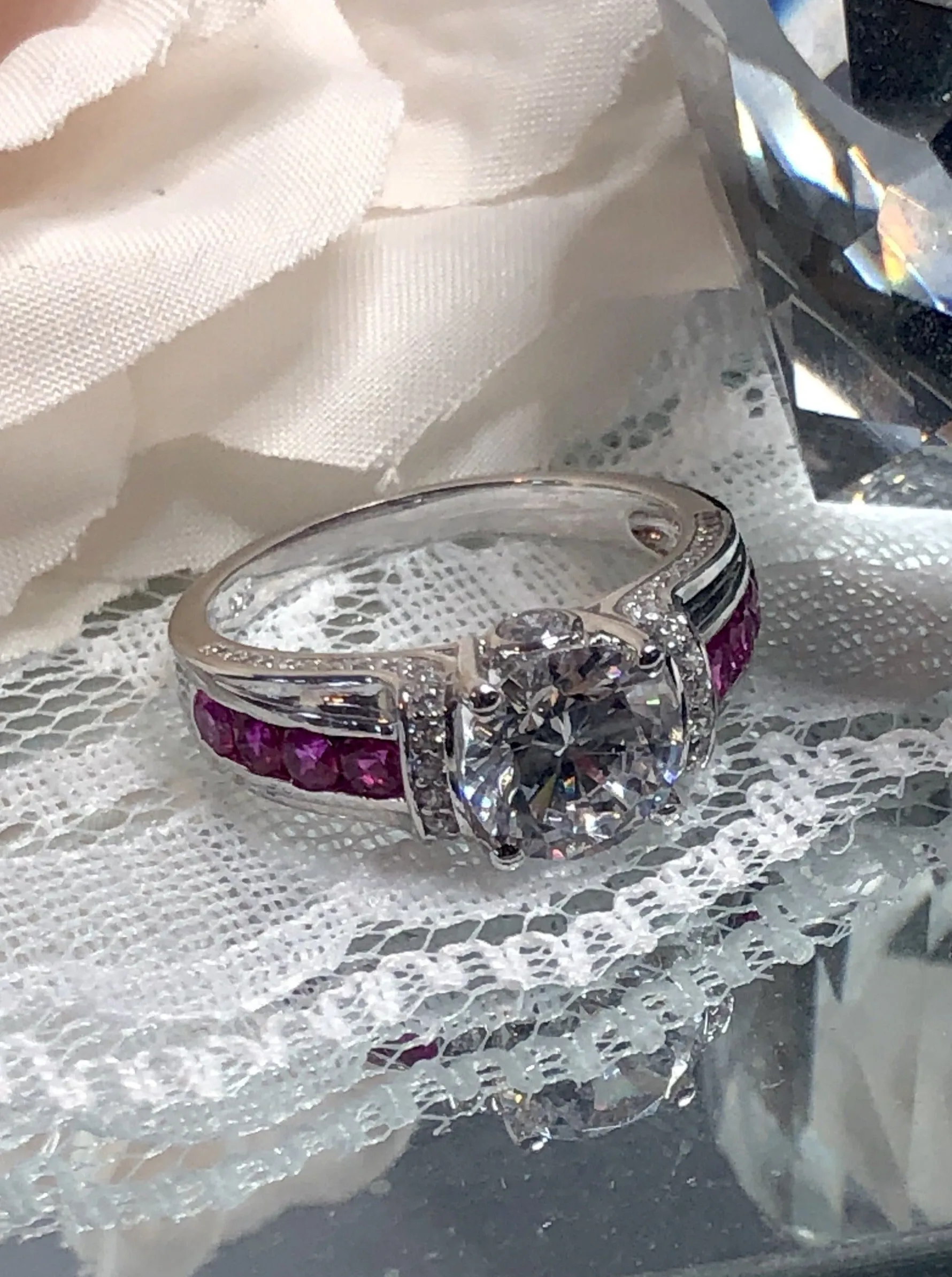 White CZ Ring, faux Diamond and Red Ruby Inlay Gems, Art Deco Jewelry #D220