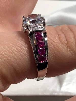 White CZ Ring, faux Diamond and Red Ruby Inlay Gems, Art Deco Jewelry #D220