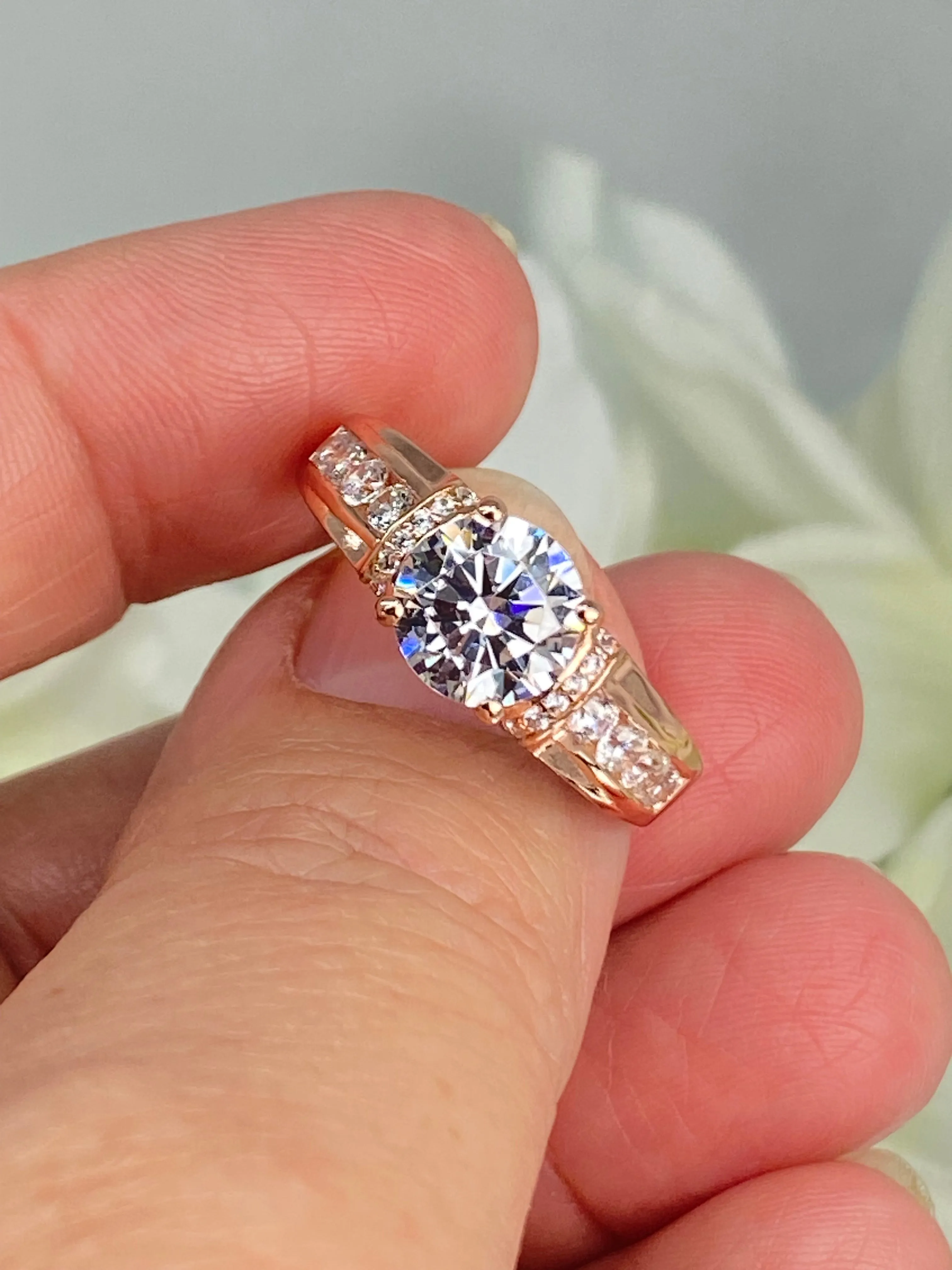 White CZ Ring, Rose Gold plated Sterling Silver, Art Deco Jewelry #D220