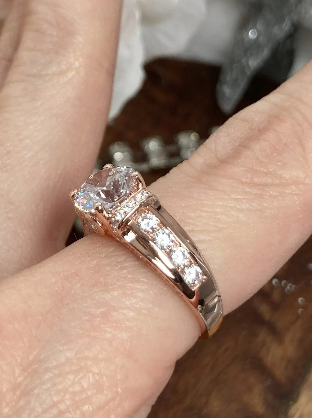 White CZ Ring, Rose Gold plated Sterling Silver, Art Deco Jewelry #D220