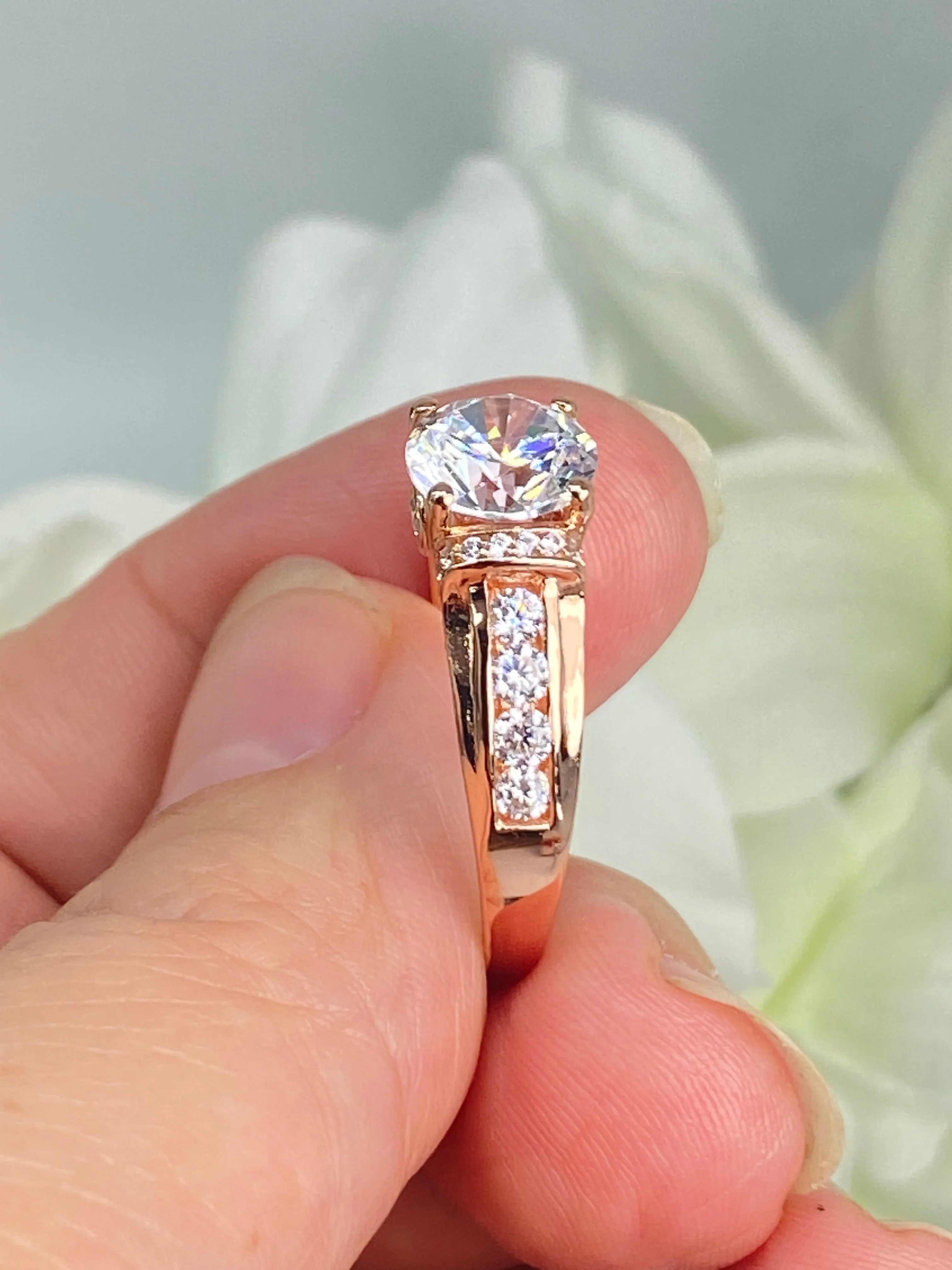 White CZ Ring, Rose Gold plated Sterling Silver, Art Deco Jewelry #D220