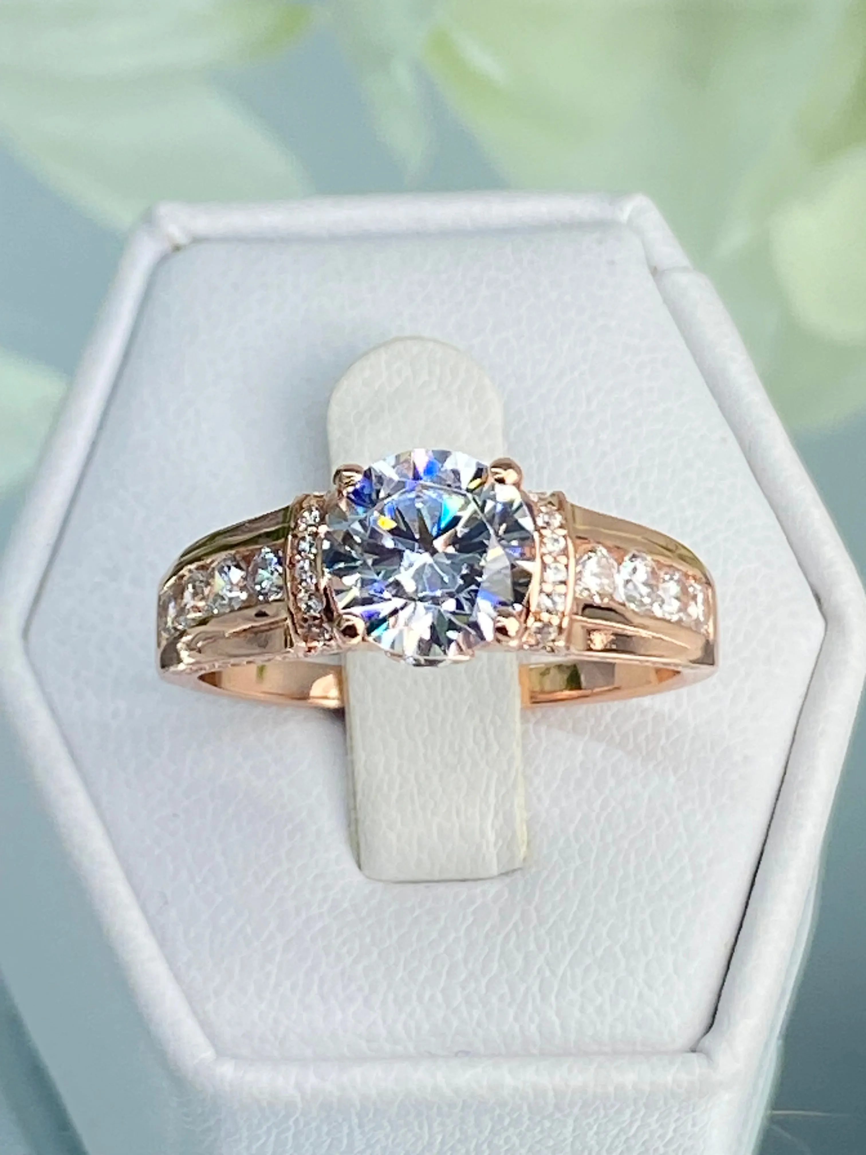 White CZ Ring, Rose Gold plated Sterling Silver, Art Deco Jewelry #D220