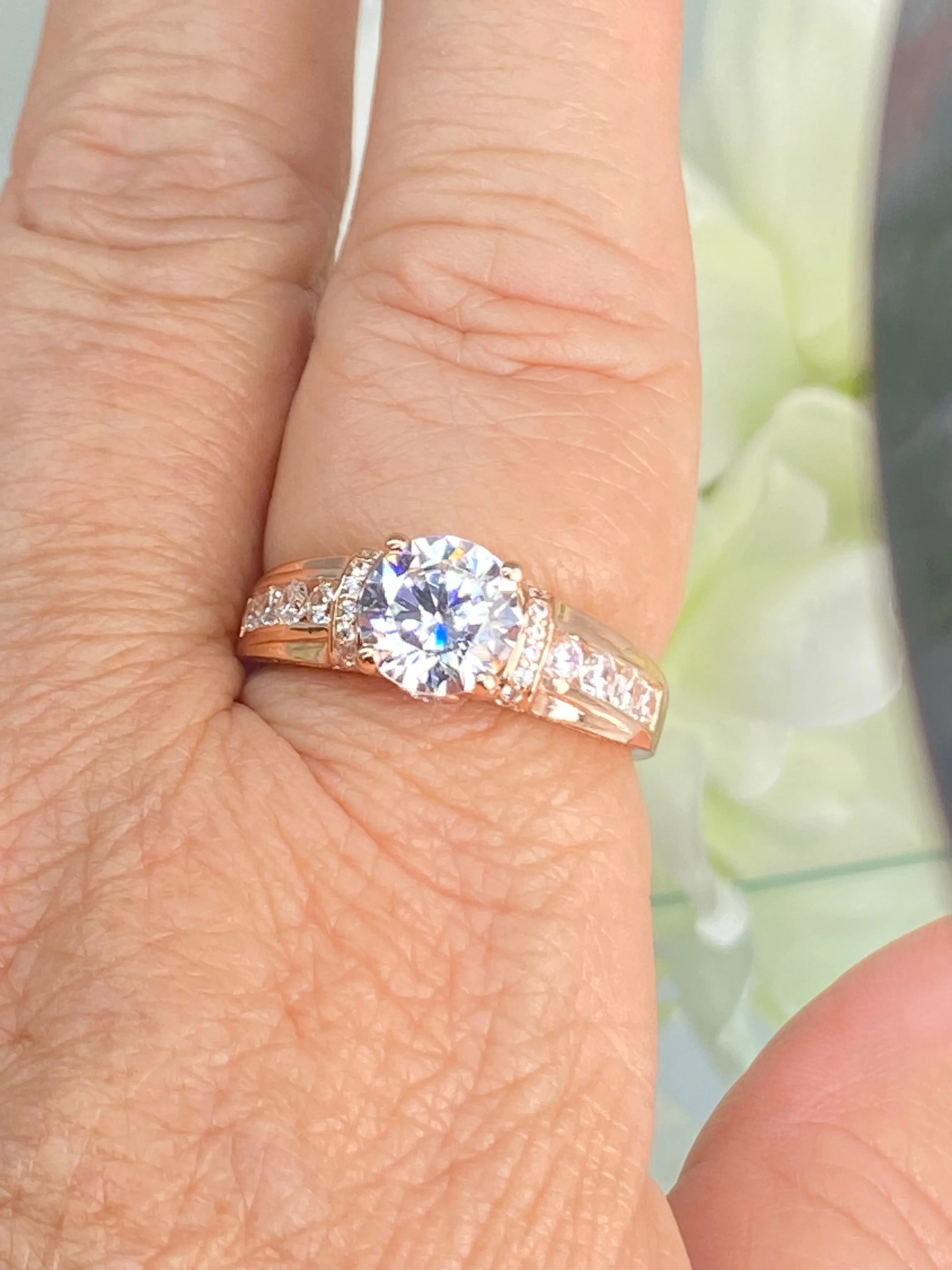 White CZ Ring, Rose Gold plated Sterling Silver, Art Deco Jewelry #D220