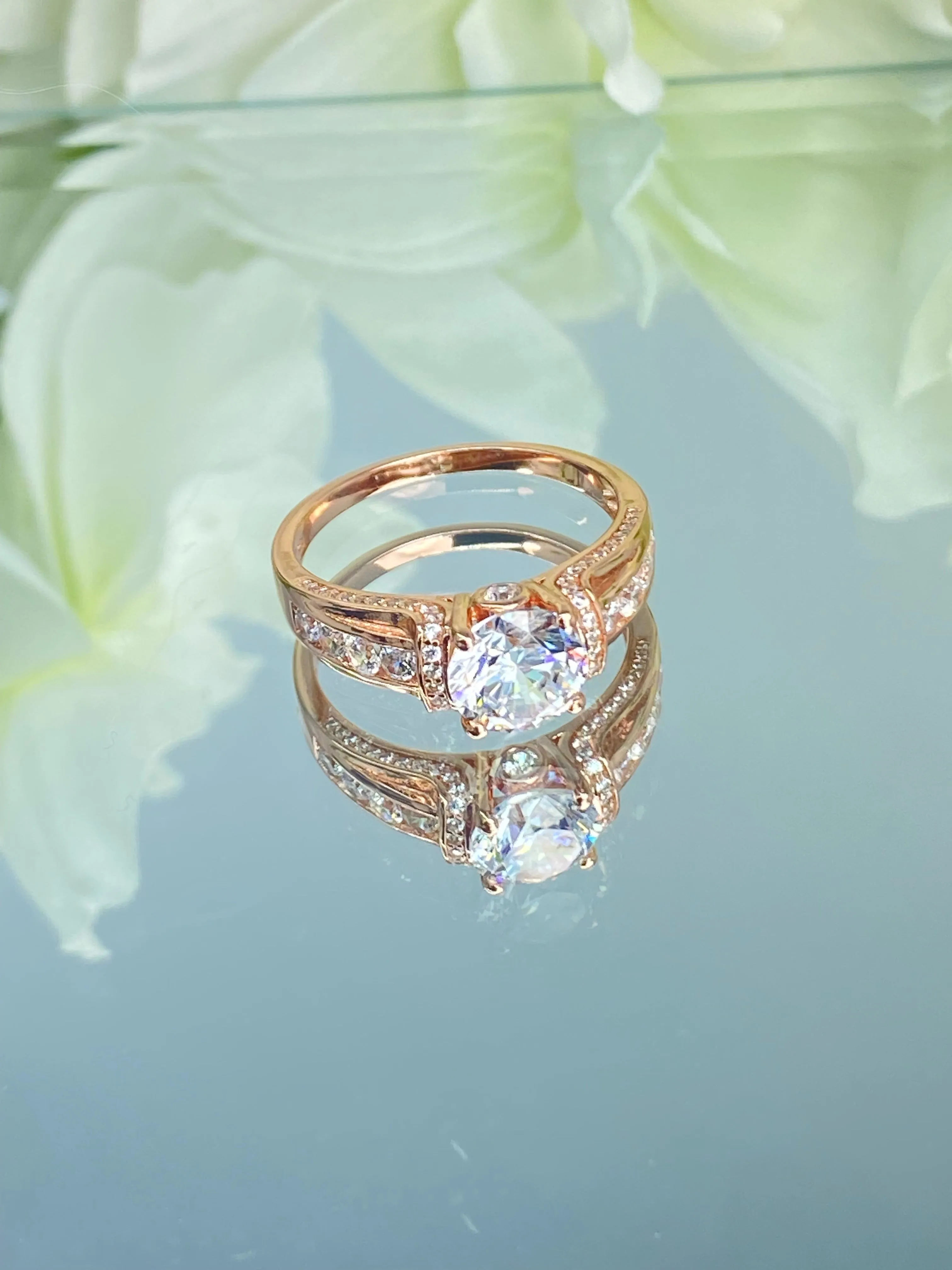 White CZ Ring, Rose Gold plated Sterling Silver, Art Deco Jewelry #D220