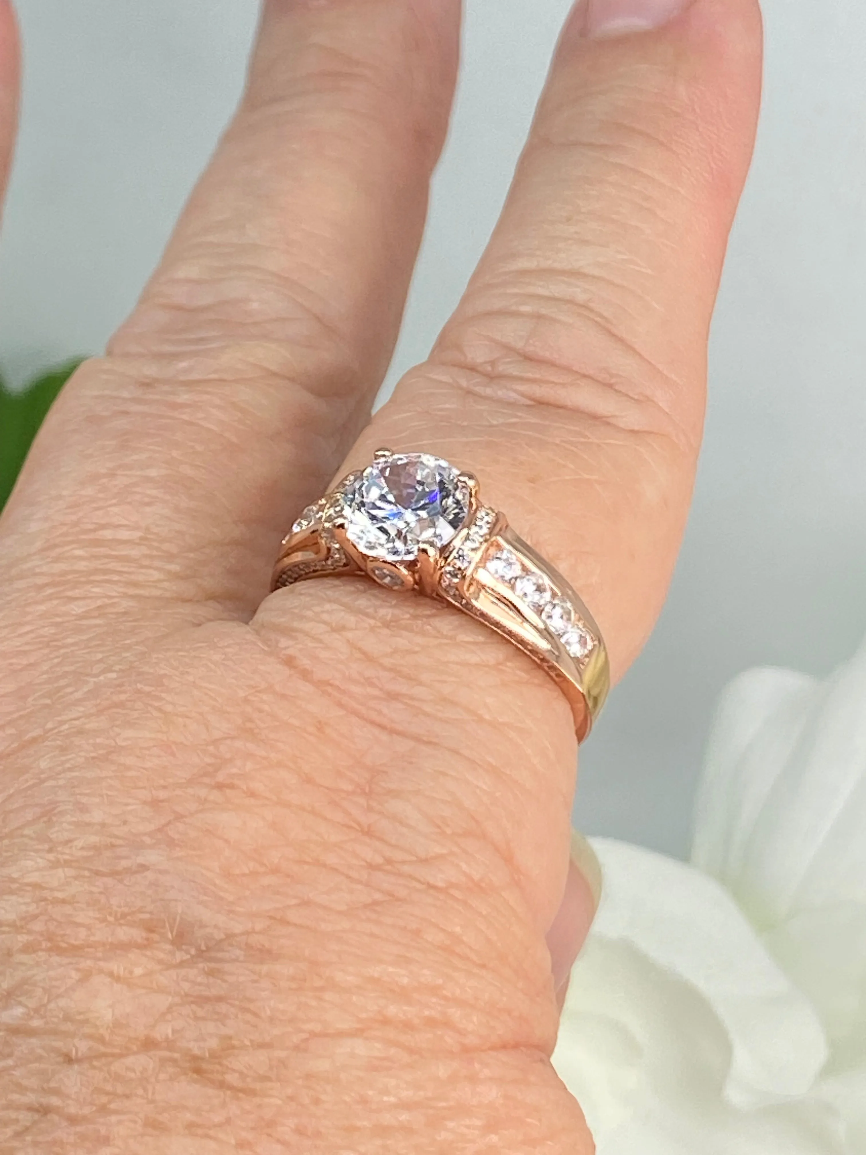 White CZ Ring, Rose Gold plated Sterling Silver, Art Deco Jewelry #D220