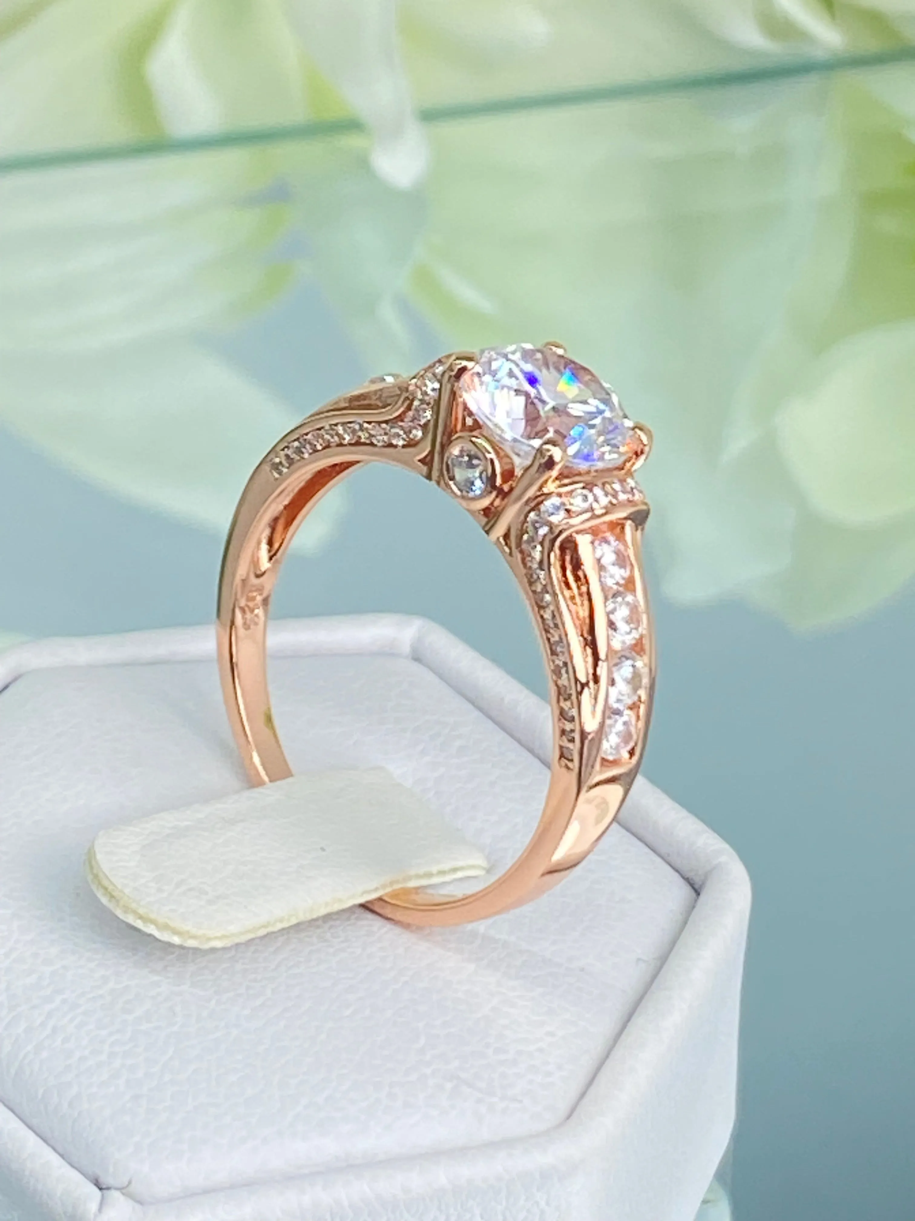 White CZ Ring, Rose Gold plated Sterling Silver, Art Deco Jewelry #D220