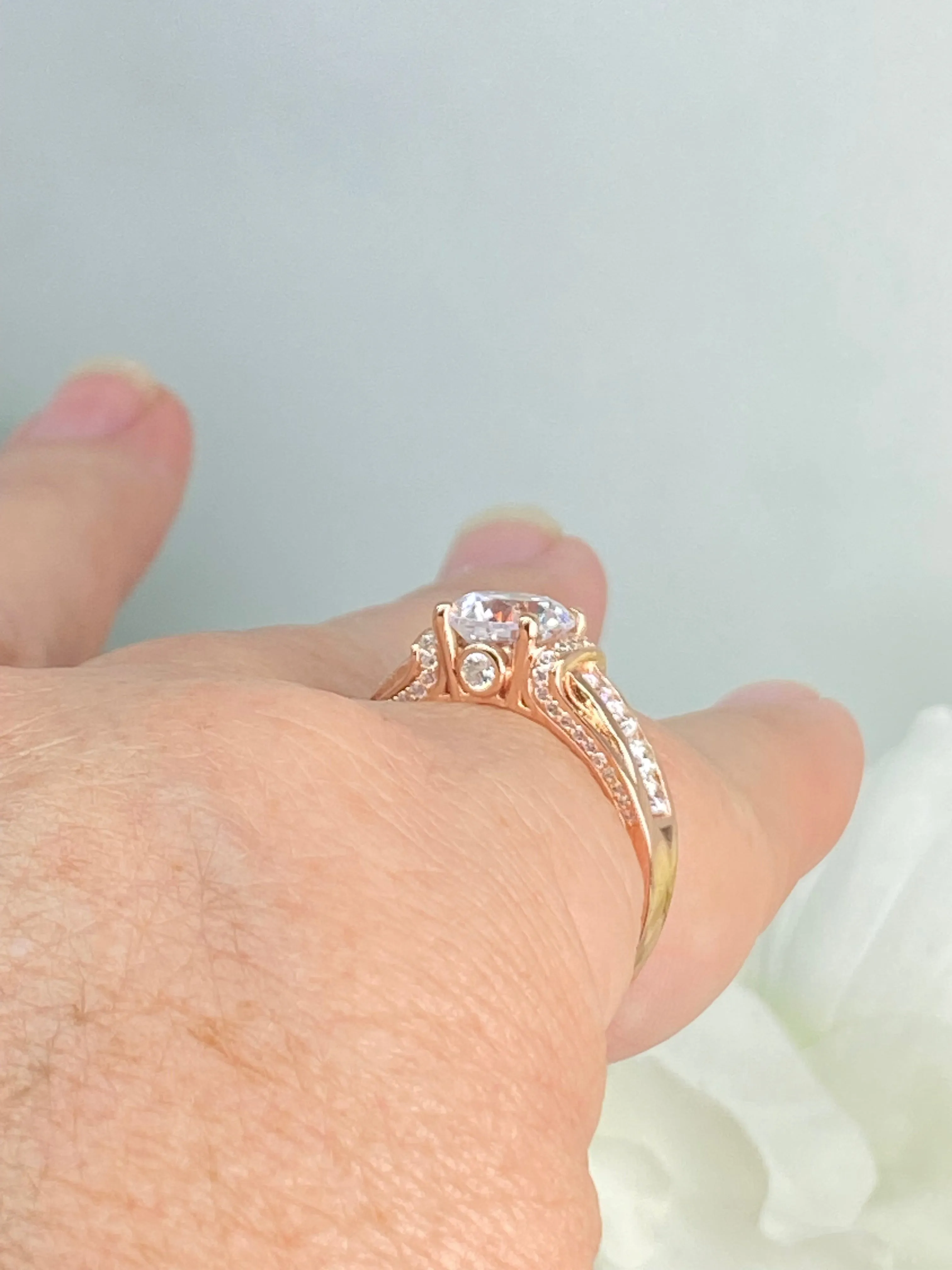 White CZ Ring, Rose Gold plated Sterling Silver, Art Deco Jewelry #D220