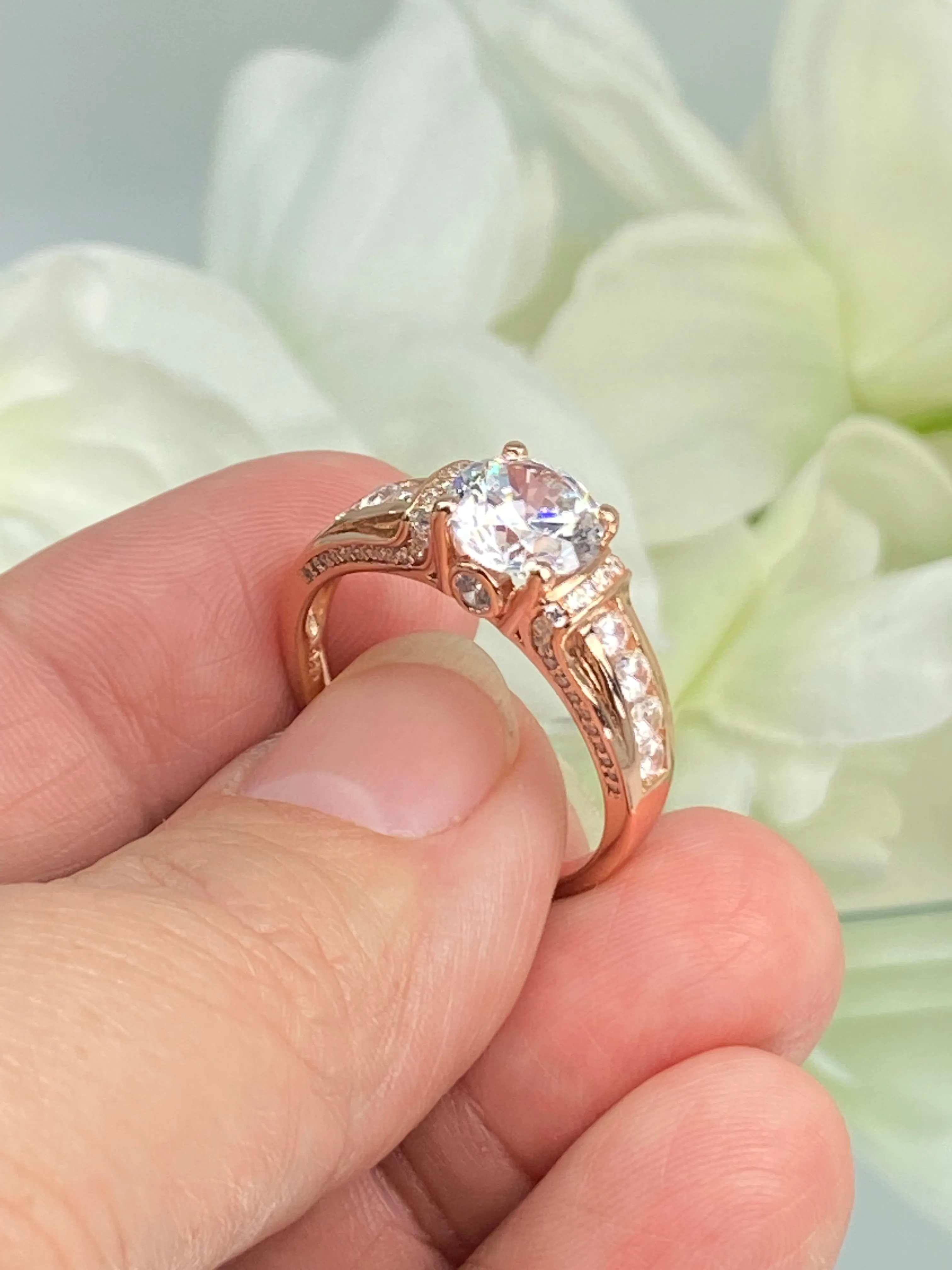 White CZ Ring, Rose Gold plated Sterling Silver, Art Deco Jewelry #D220