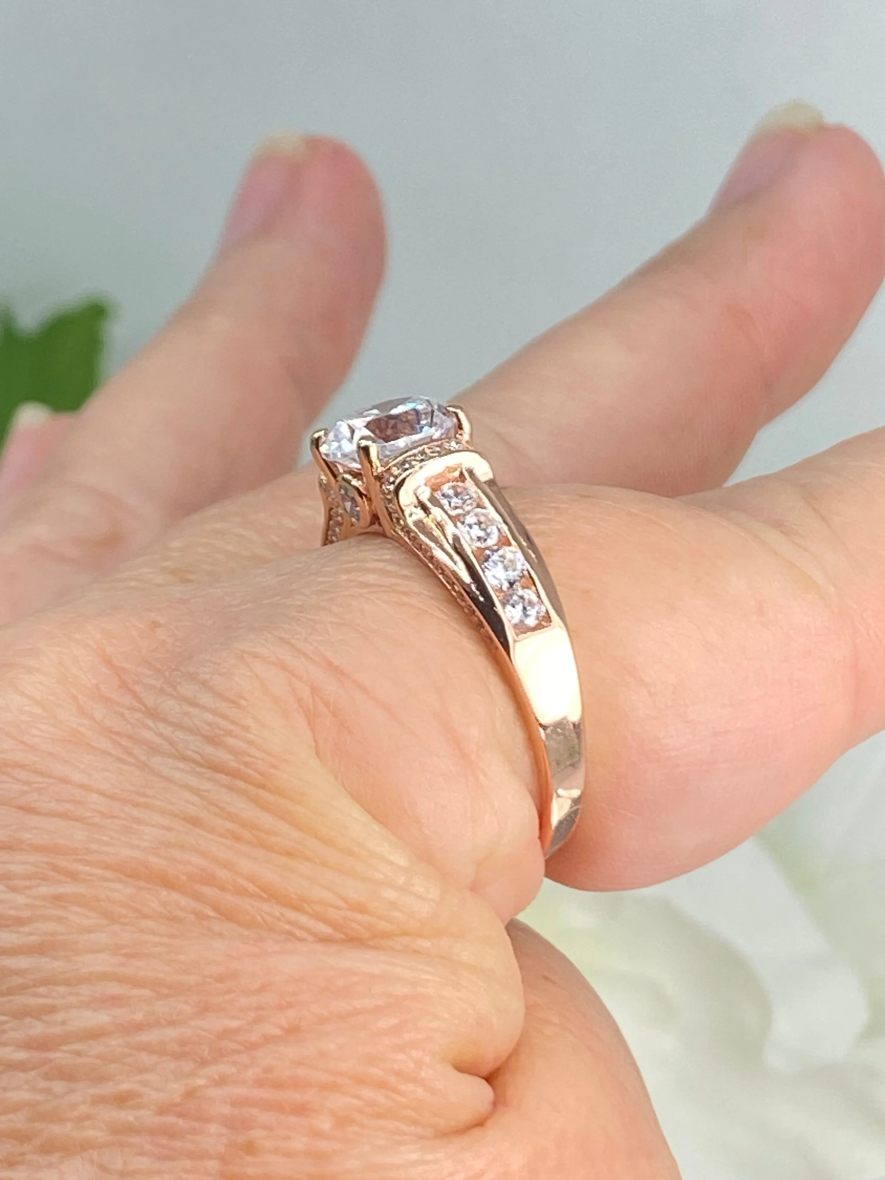 White CZ Ring, Rose Gold plated Sterling Silver, Art Deco Jewelry #D220