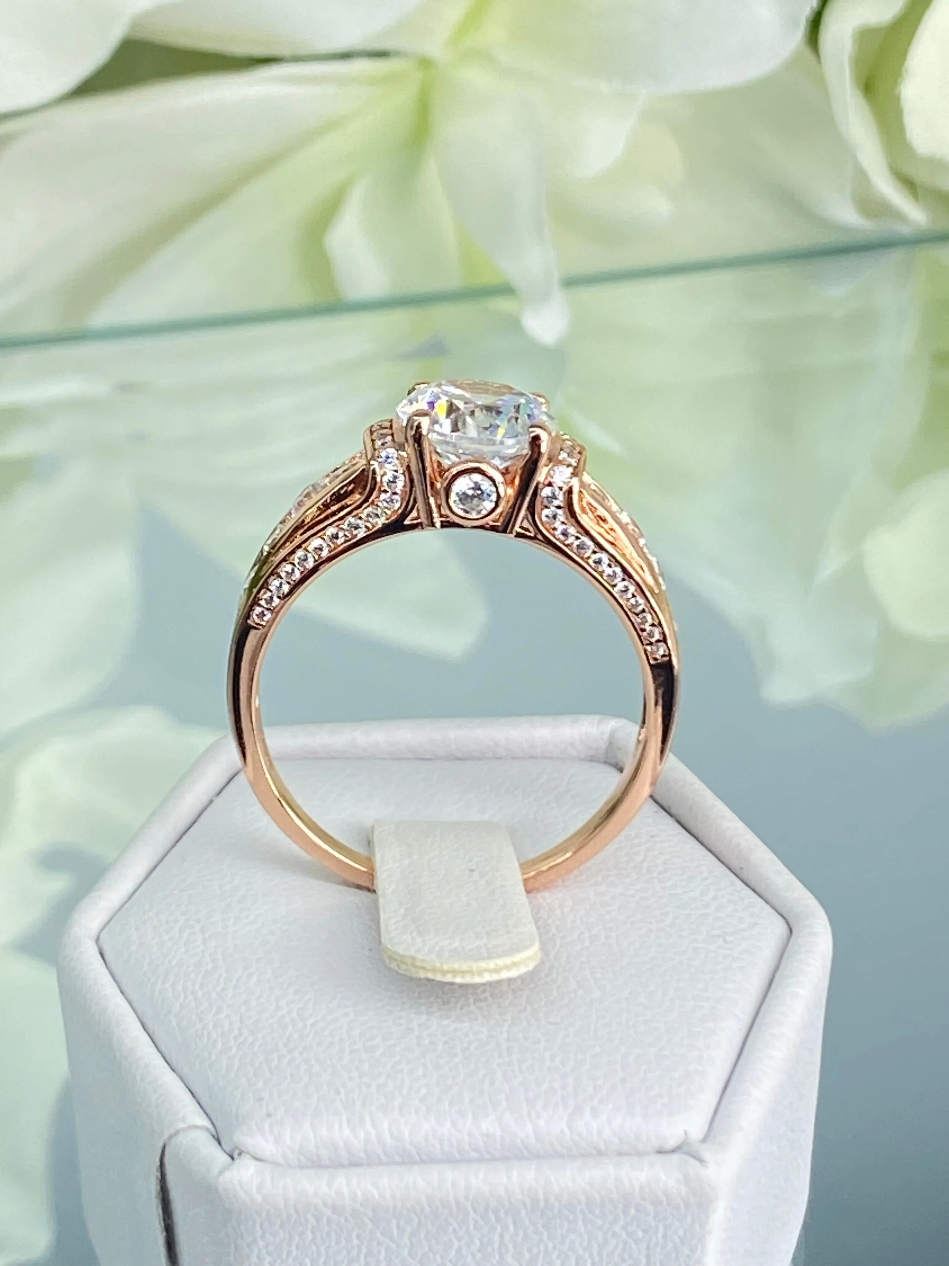 White CZ Ring, Rose Gold plated Sterling Silver, Art Deco Jewelry #D220