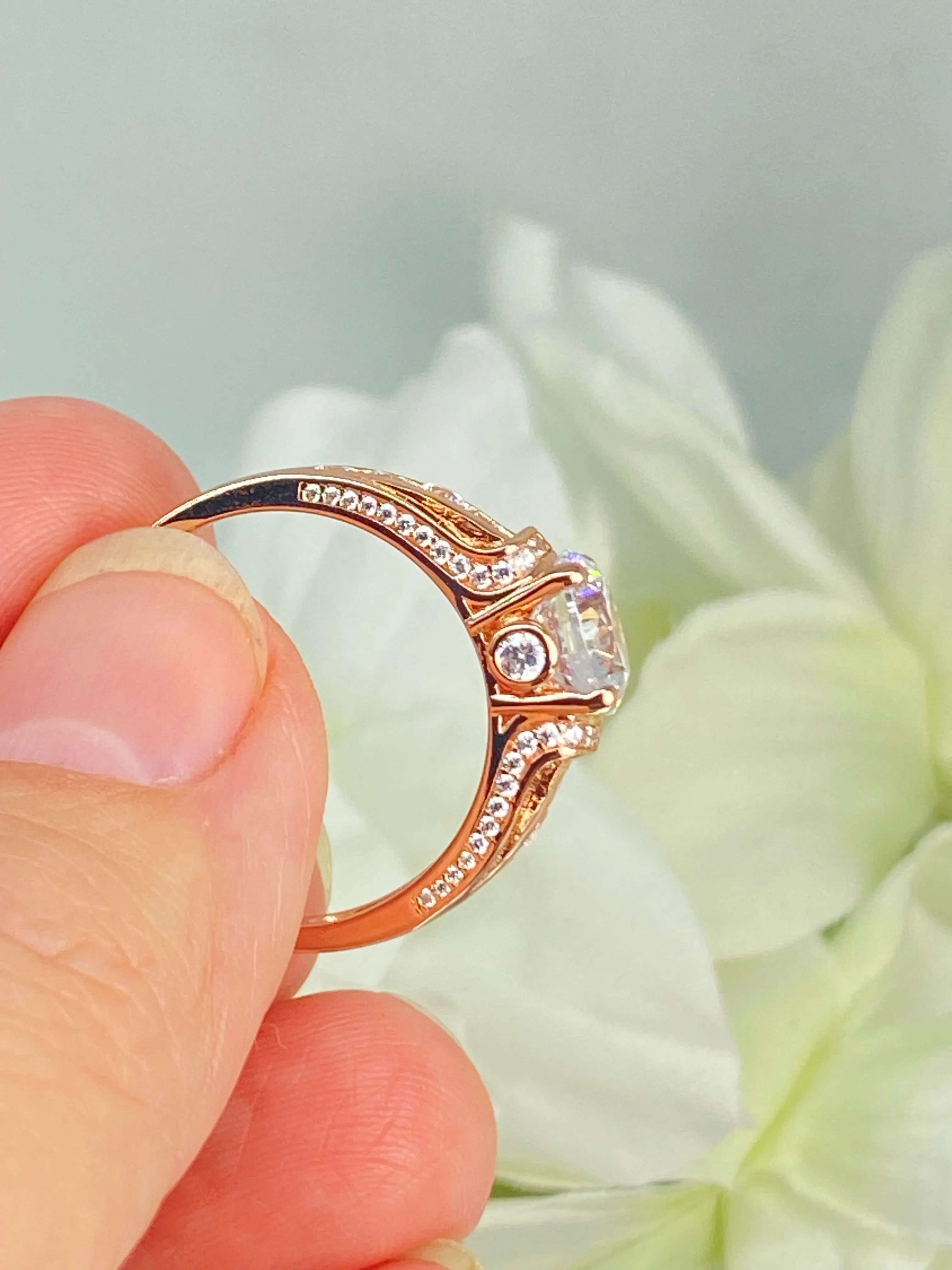 White CZ Ring, Rose Gold plated Sterling Silver, Art Deco Jewelry #D220
