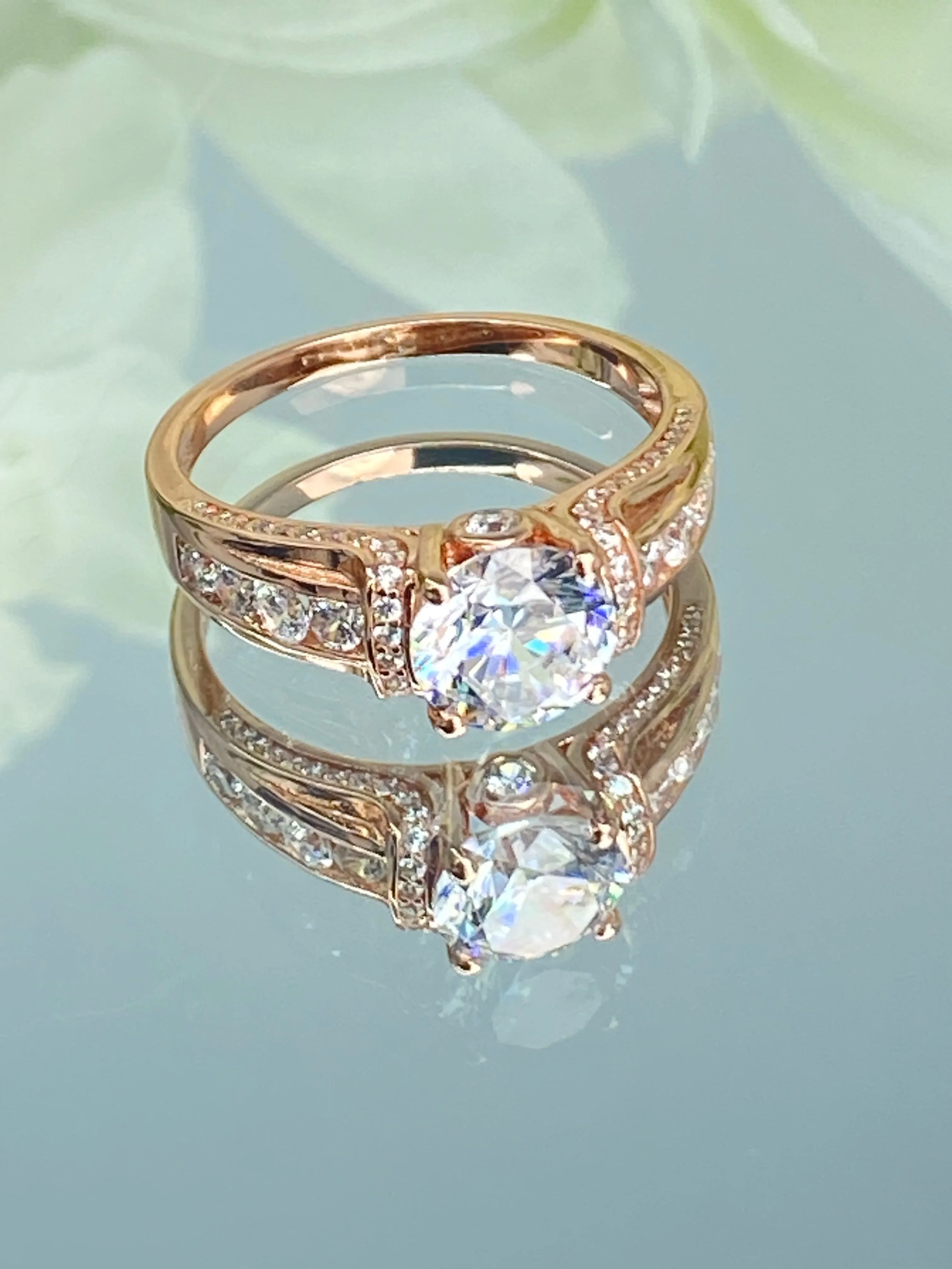 White CZ Ring, Rose Gold plated Sterling Silver, Art Deco Jewelry #D220