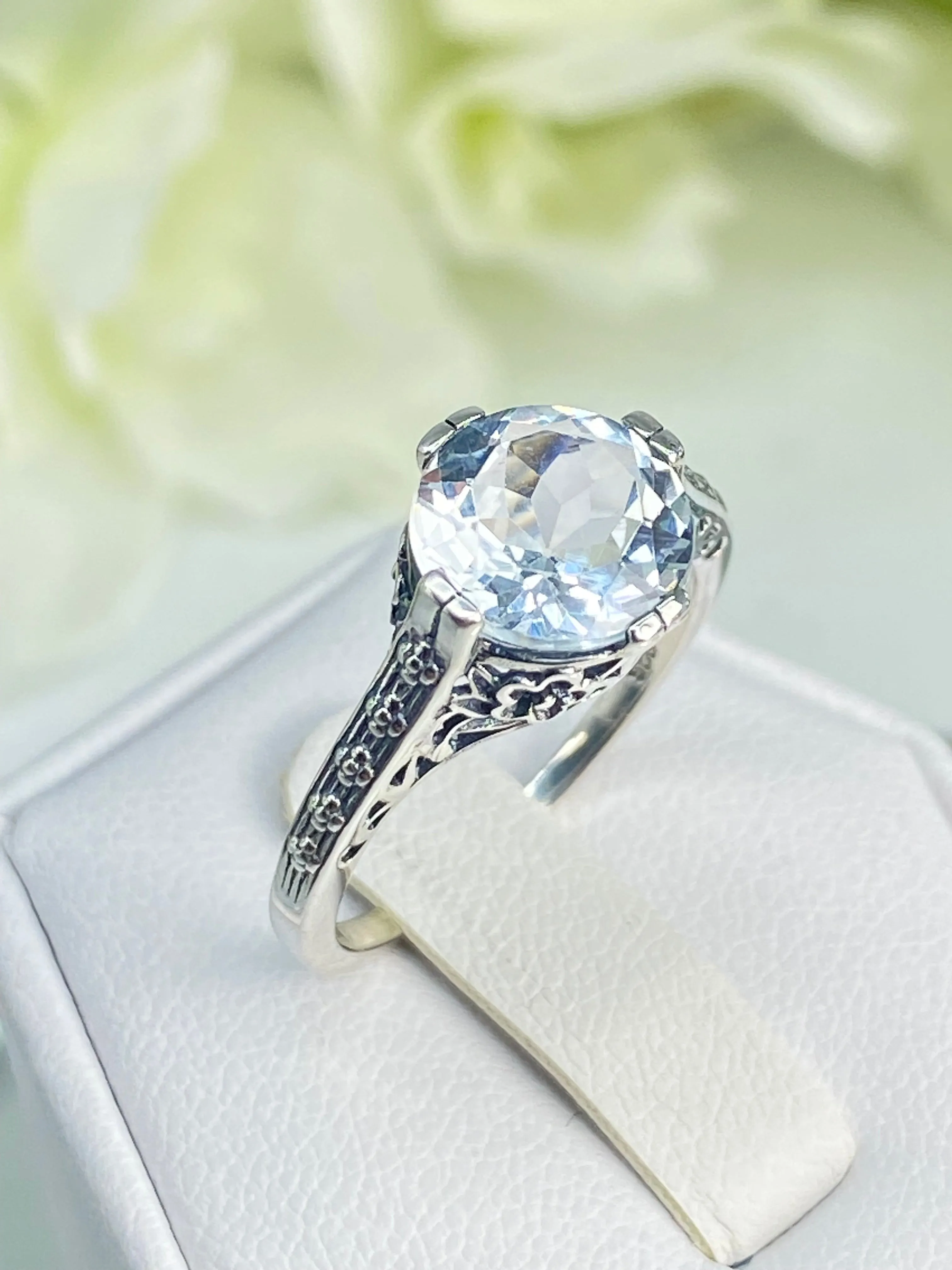 White Flower Ring, CZ or Natural Topaz, Round Gem, Vintage Style Jewelry, D27