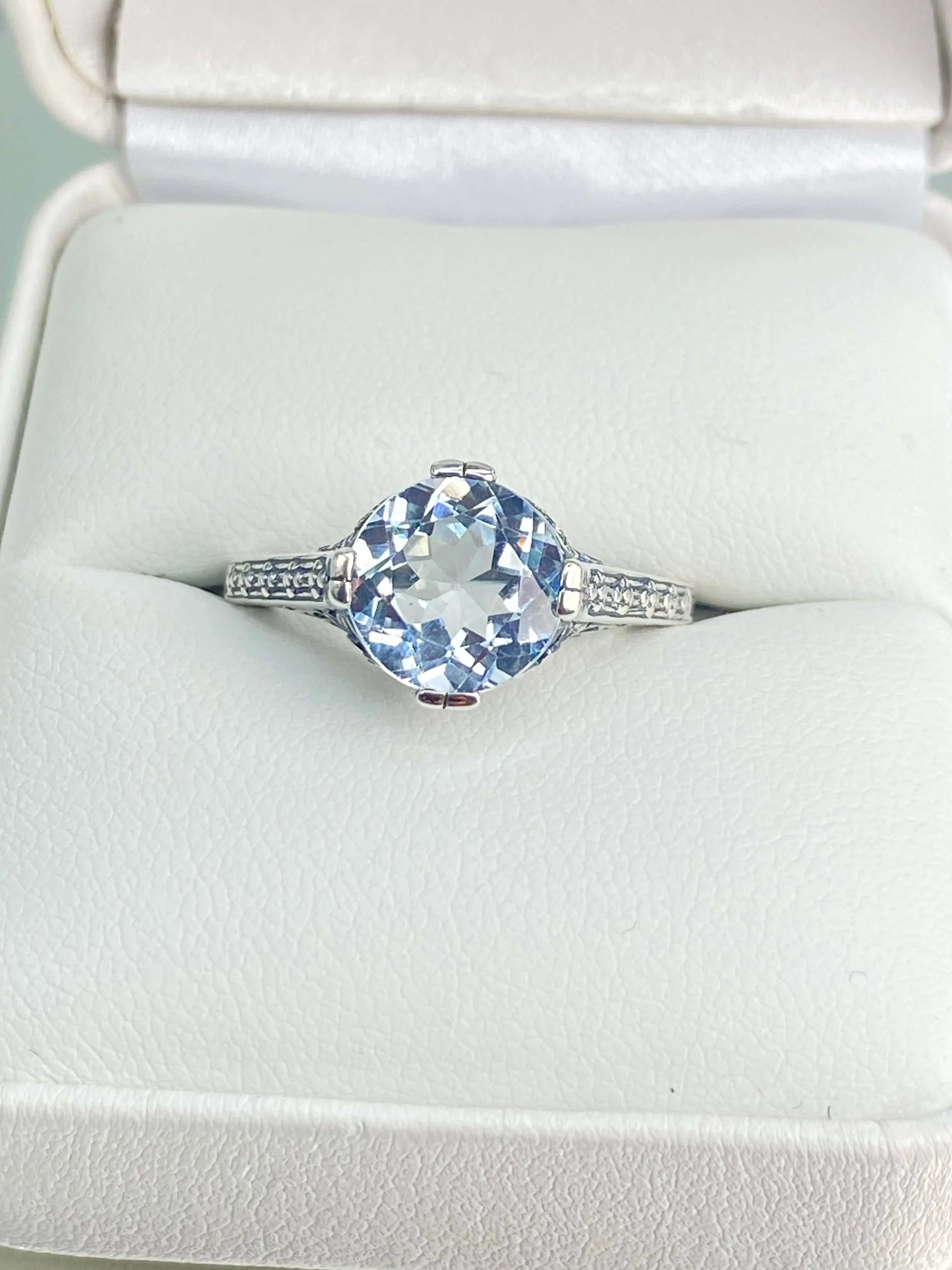 White Flower Ring, CZ or Natural Topaz, Round Gem, Vintage Style Jewelry, D27