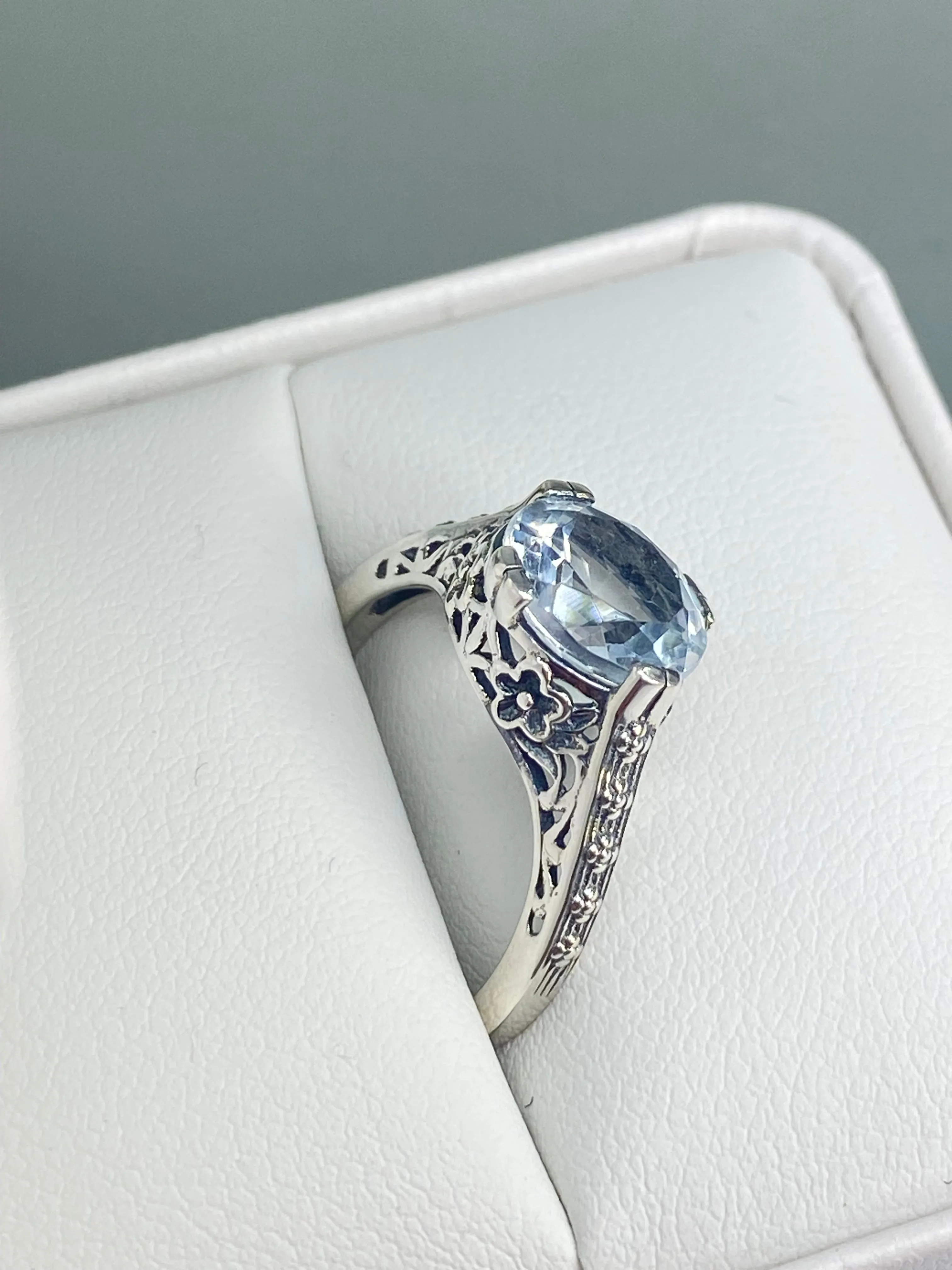 White Flower Ring, CZ or Natural Topaz, Round Gem, Vintage Style Jewelry, D27